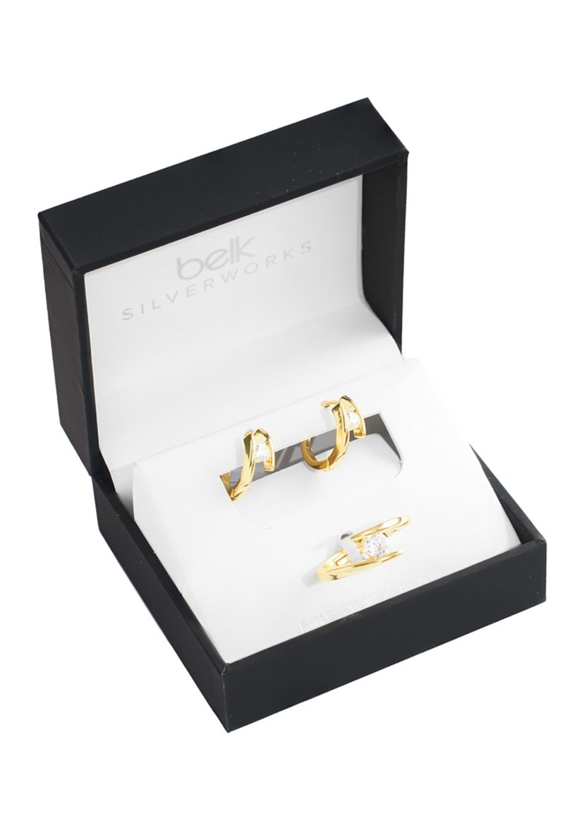 Boxed Gold Plated Cubic Zirconia Split Huggie Hoop Earrings and Adjustable Ring Set