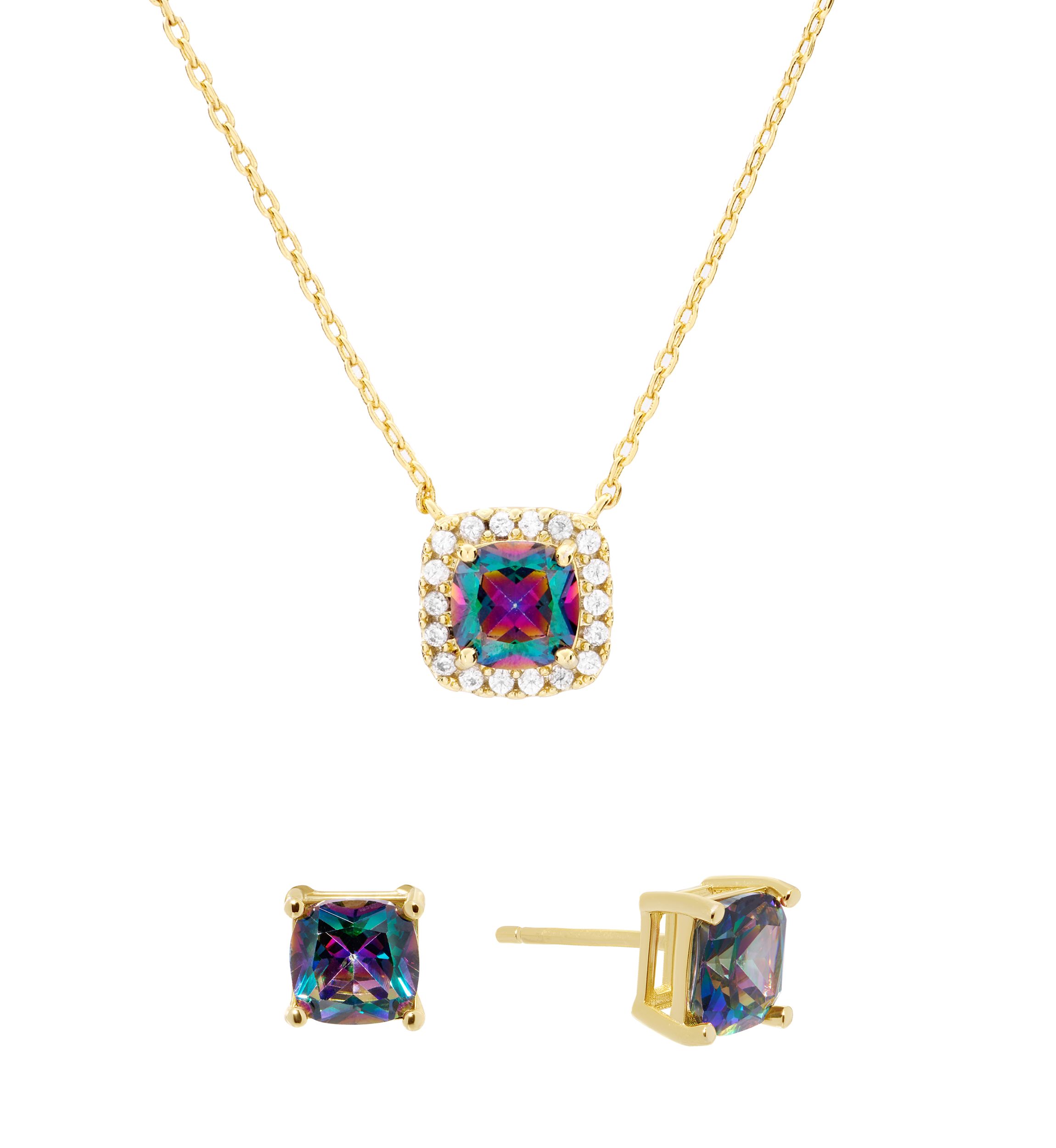 Gold Plated Mystic Cubic Zirconia Square Cushion Necklace and Stud Earring Set