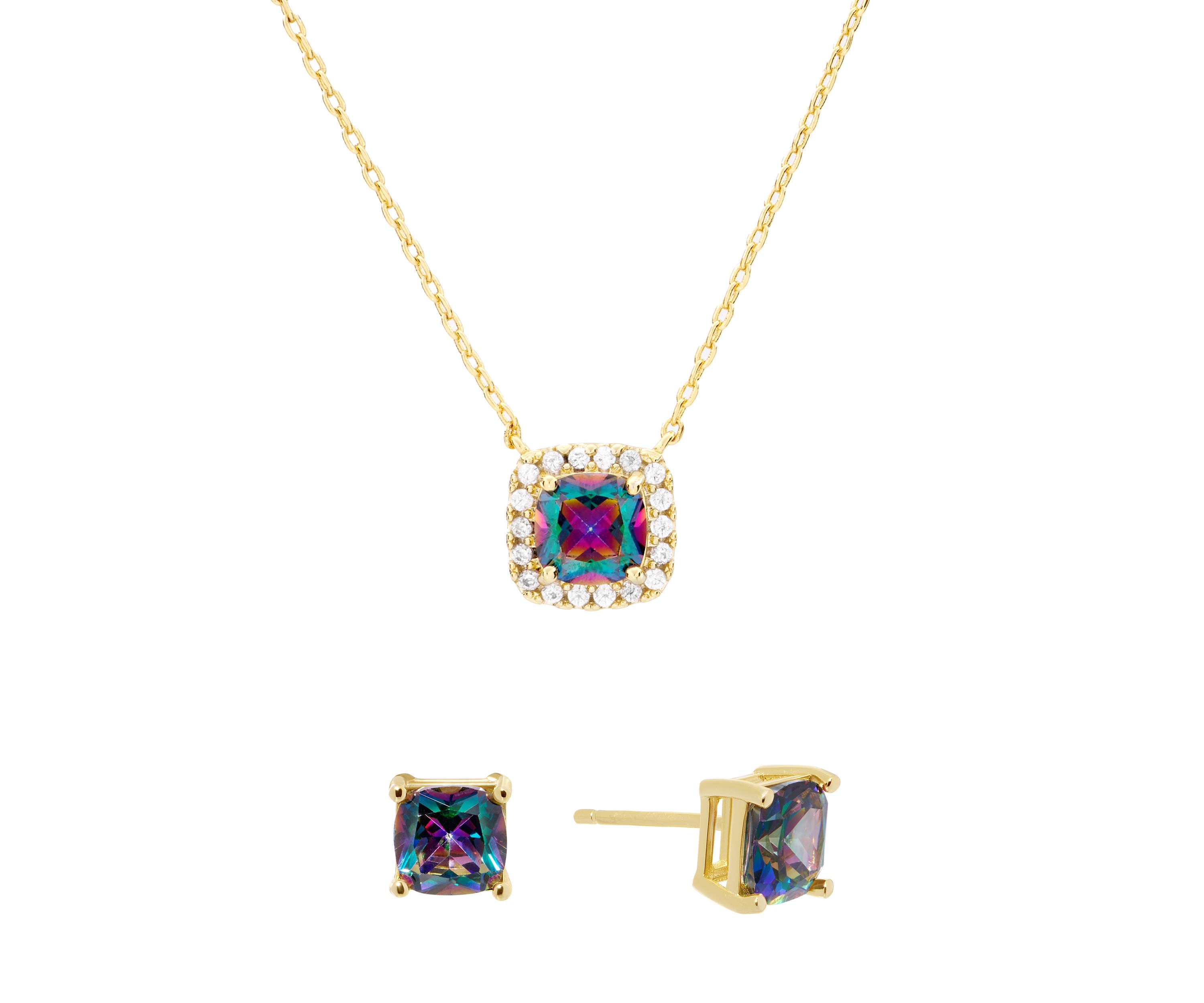 Gold Plated Mystic Cubic Zirconia Square Cushion Necklace and Stud Earring Set