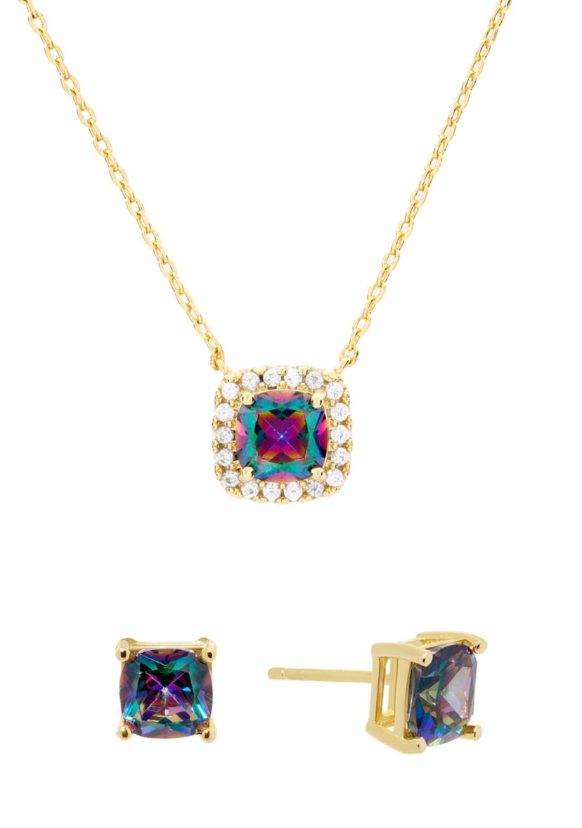 Gold Plated Mystic Cubic Zirconia Square Cushion Necklace and Stud Earring Set