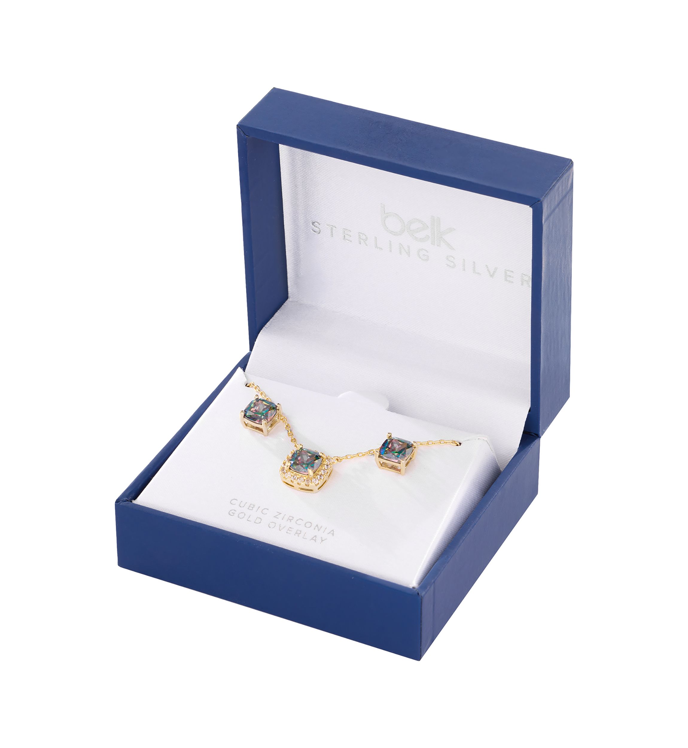 Gold Plated Mystic Cubic Zirconia Square Cushion Necklace and Stud Earring Set
