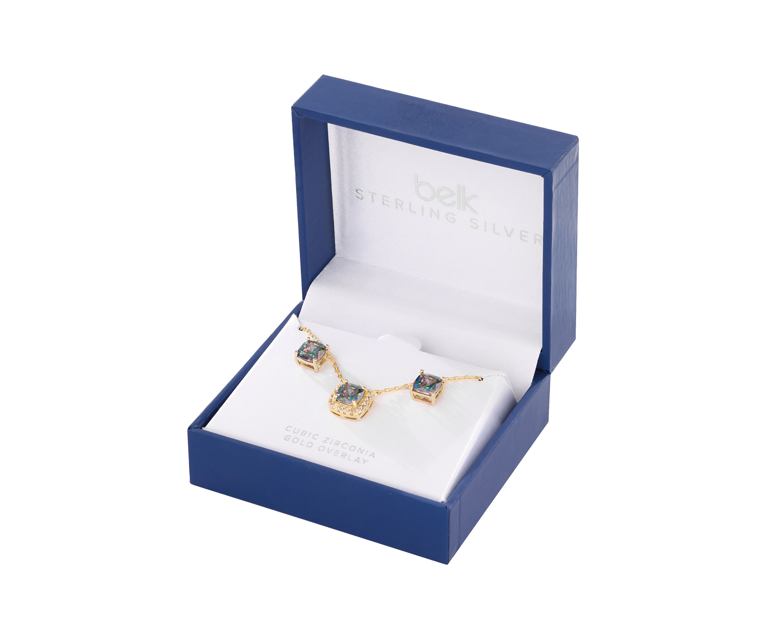 Gold Plated Mystic Cubic Zirconia Square Cushion Necklace and Stud Earring Set