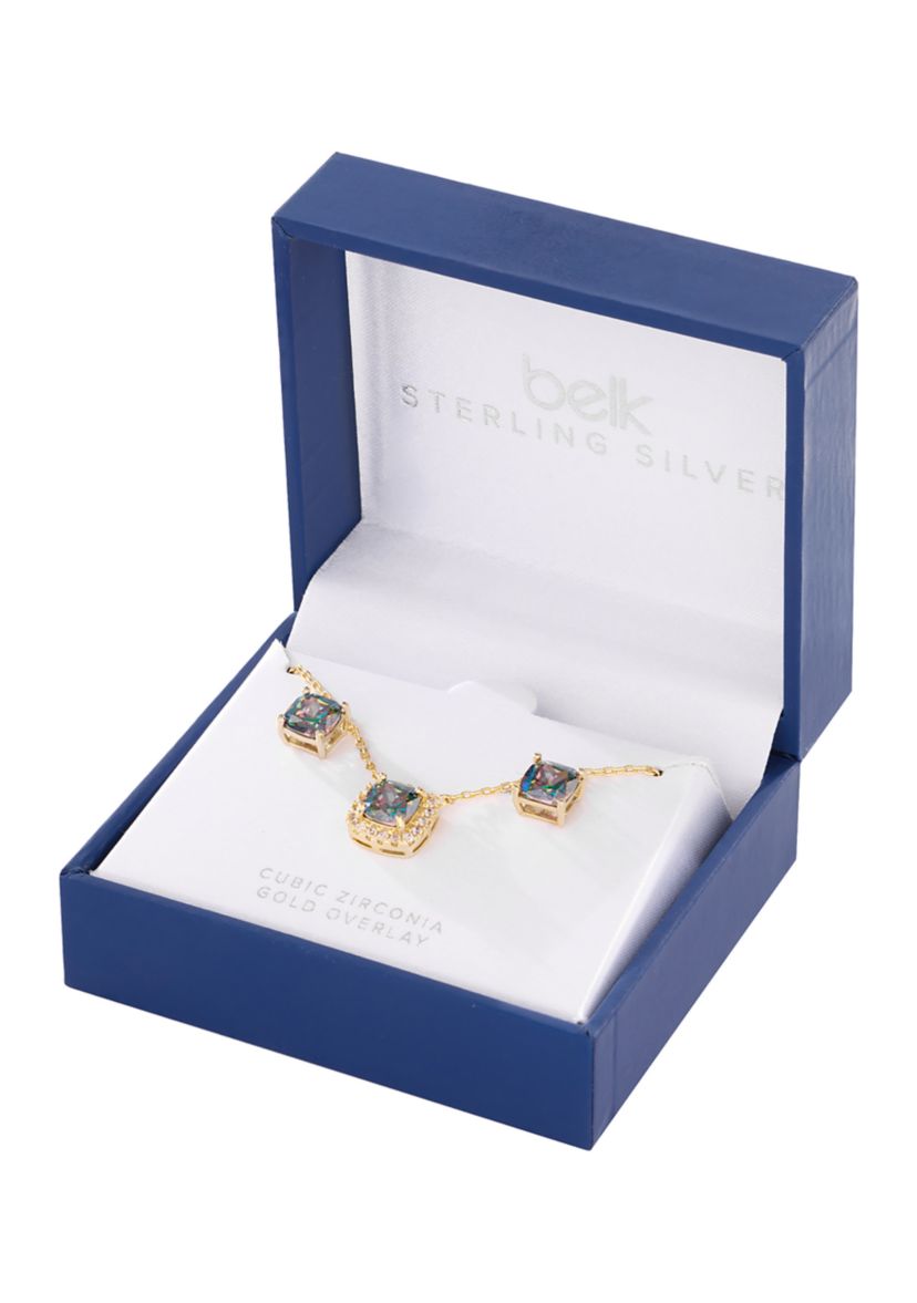 Gold Plated Mystic Cubic Zirconia Square Cushion Necklace and Stud Earring Set