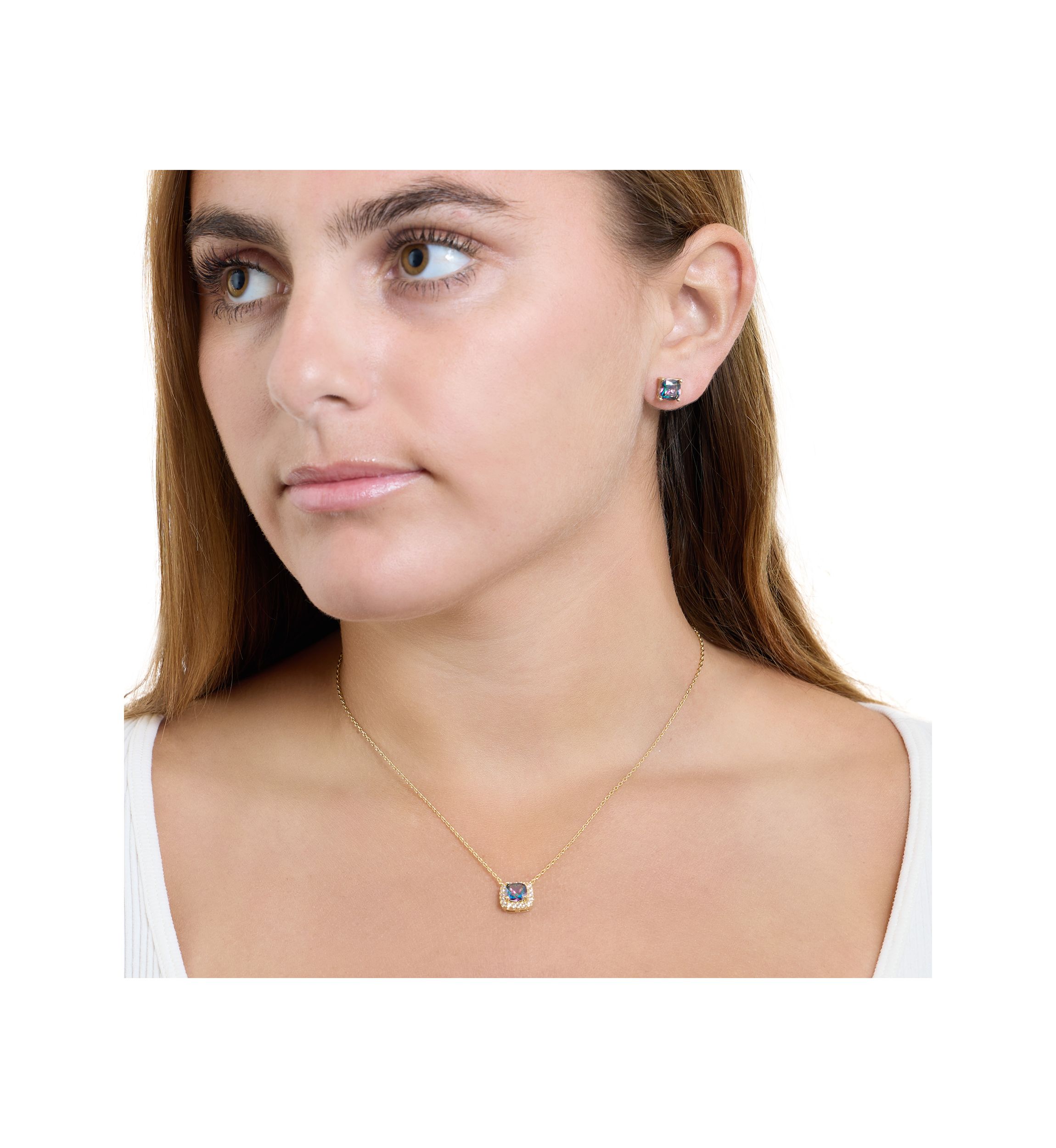 Gold Plated Mystic Cubic Zirconia Square Cushion Necklace and Stud Earring Set