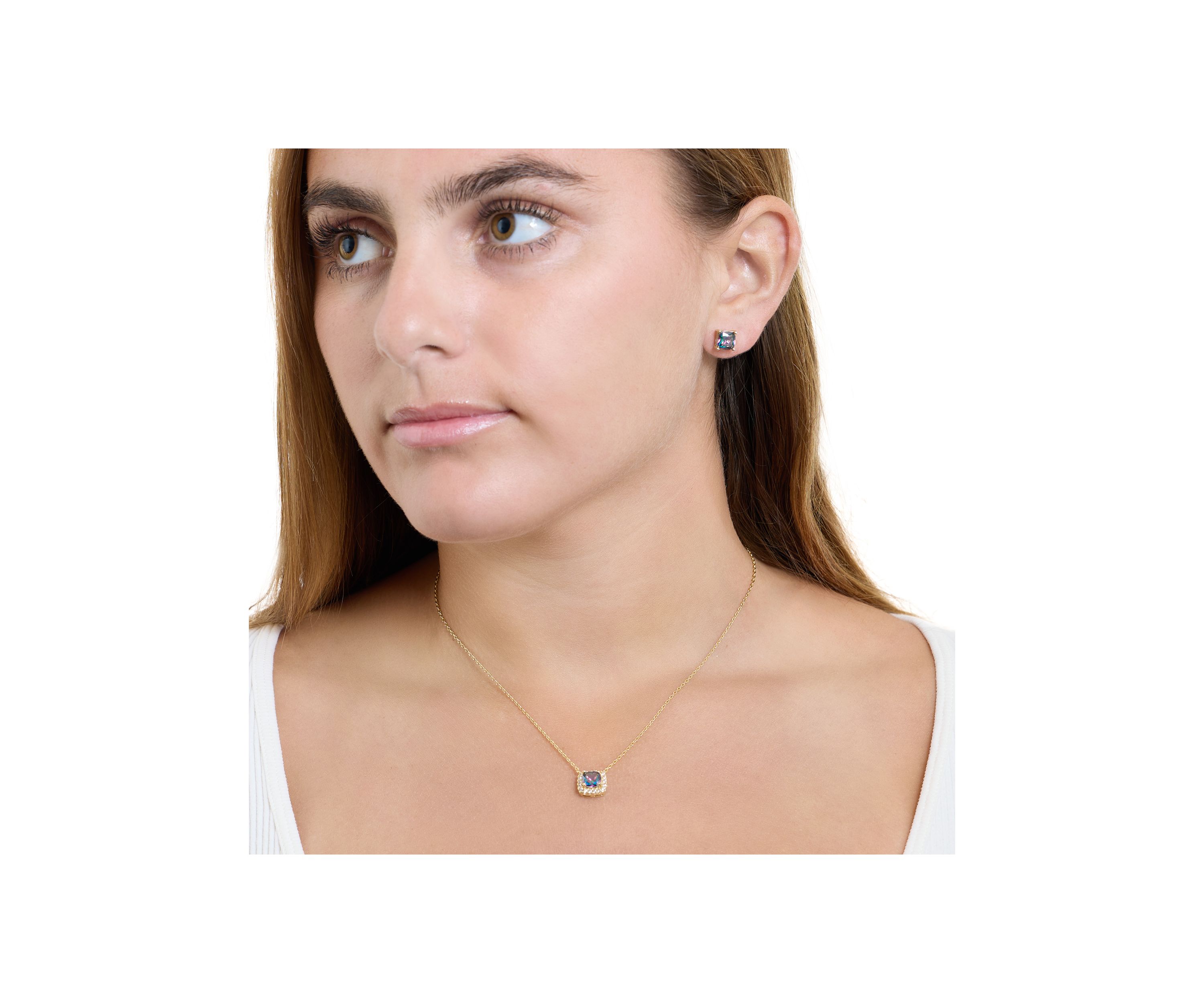 Gold Plated Mystic Cubic Zirconia Square Cushion Necklace and Stud Earring Set