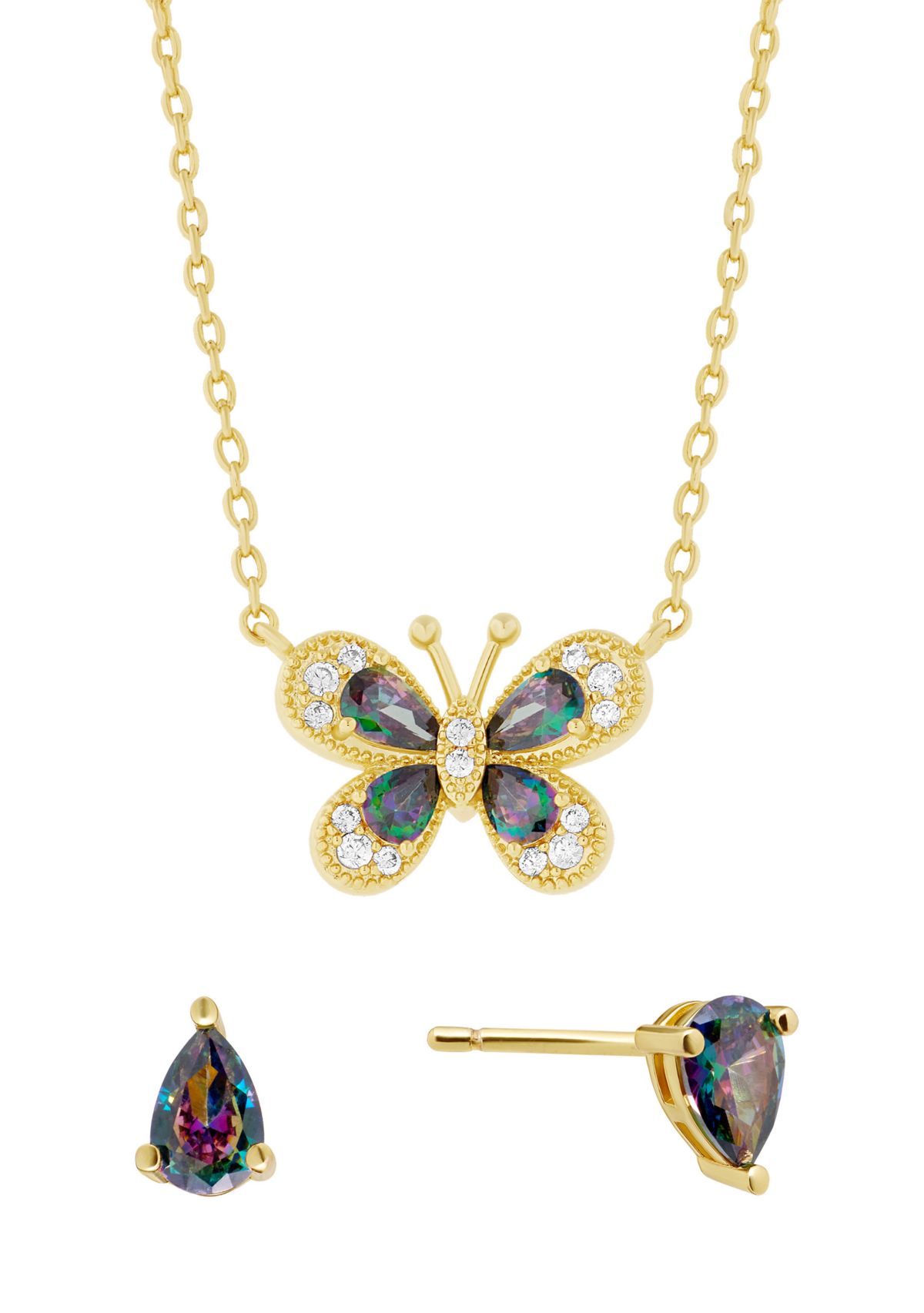 Gold Plated Mystic Cubic Zirconia Butterfly Necklace and Stud Earring Set