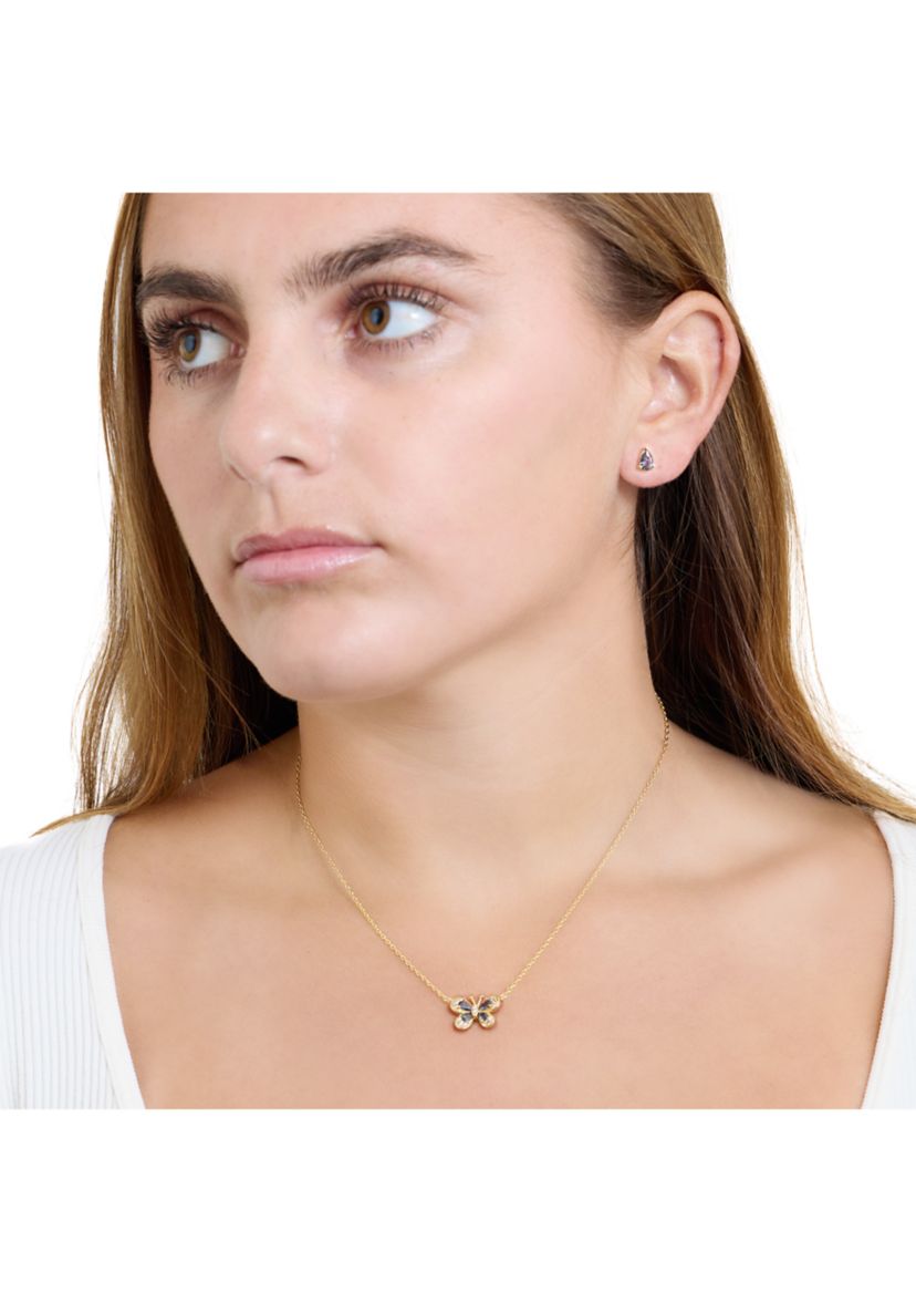 Gold Plated Mystic Cubic Zirconia Butterfly Necklace and Stud Earring Set