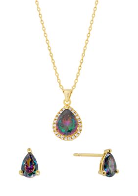 Belk Silverworks Gold Plated Mystic Cubic Zirconia Pear Necklace and Stud Earring Set