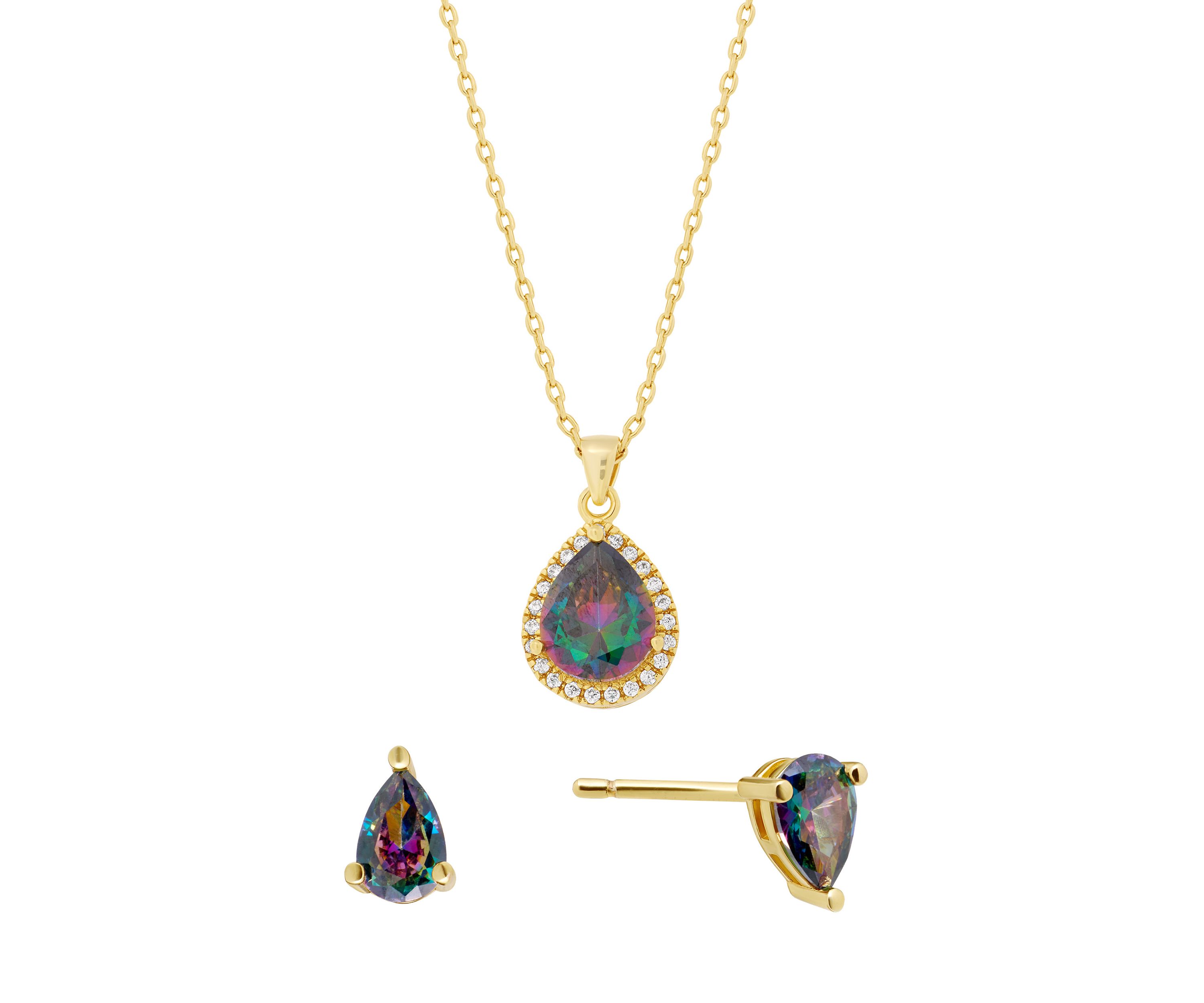 Gold Plated Mystic Cubic Zirconia Pear Halo Necklace and Stud Earring Set