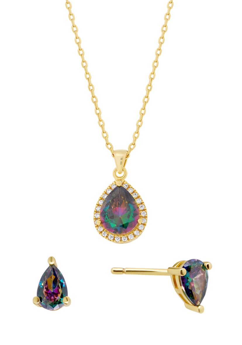 Gold Plated Mystic Cubic Zirconia Pear Halo Necklace and Stud Earring Set