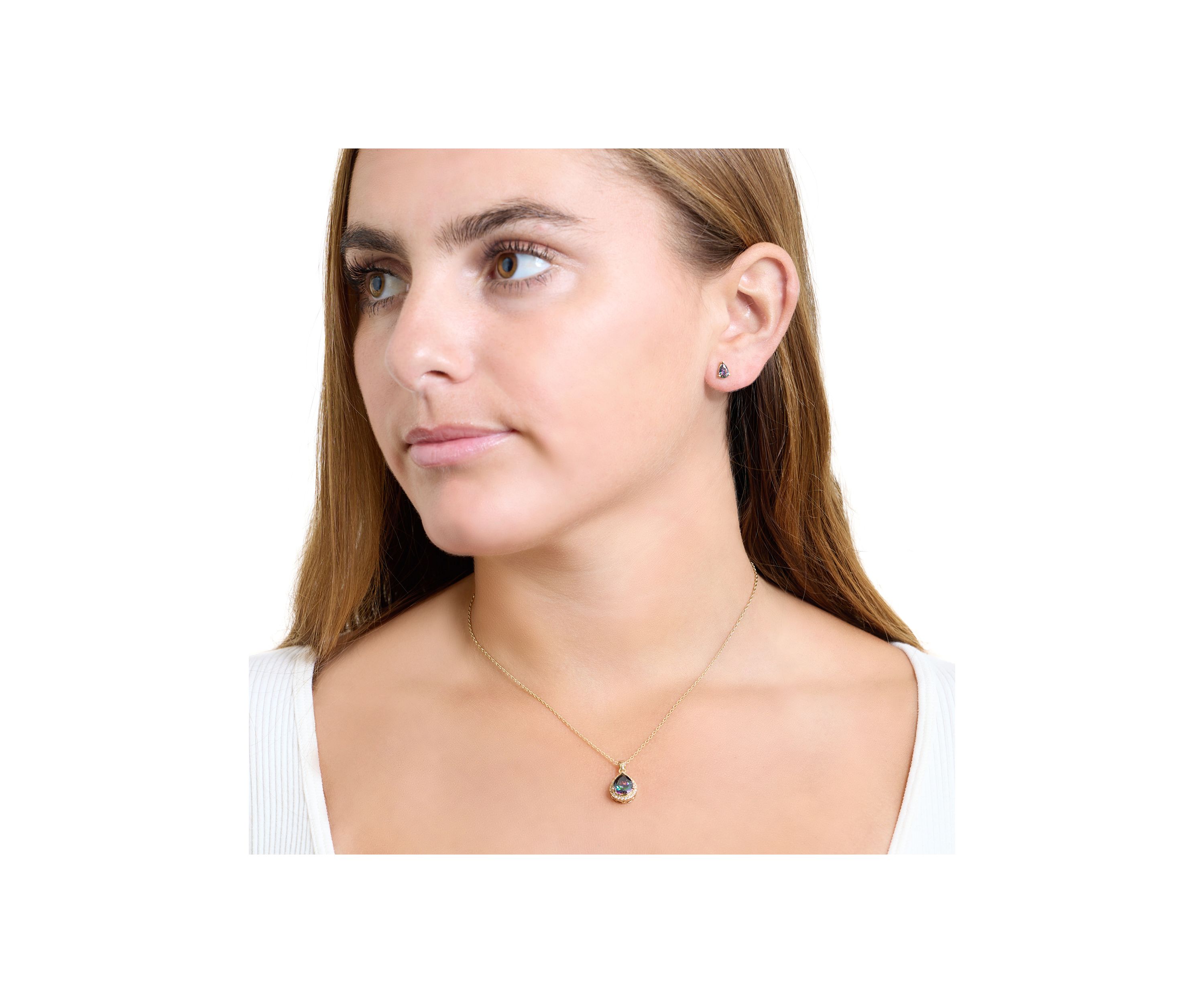 Gold Plated Mystic Cubic Zirconia Pear Halo Necklace and Stud Earring Set