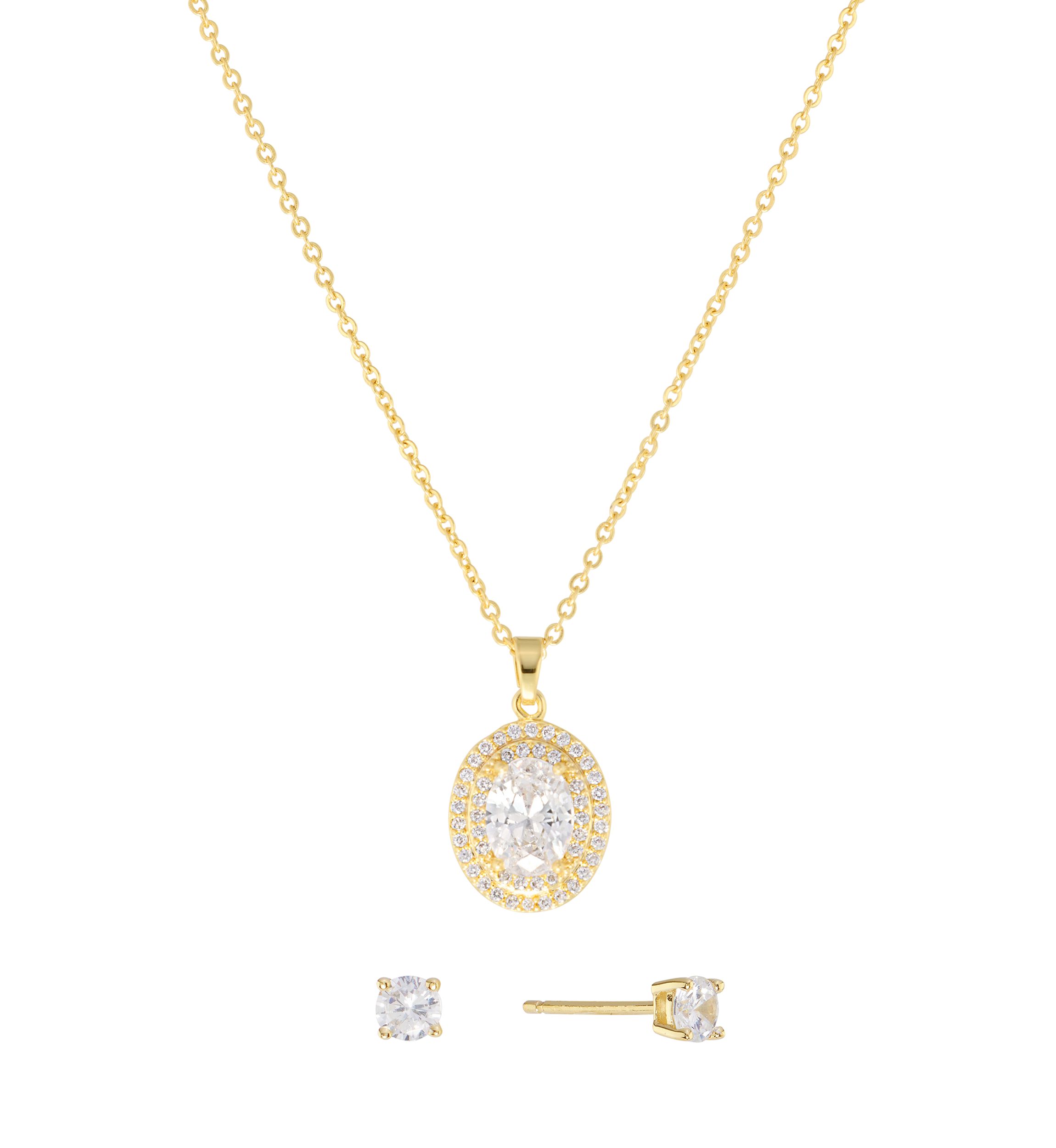 Plated Cubic Zirconia Round Halo Pendant and Cubic Zirconia Stud Earring Set
