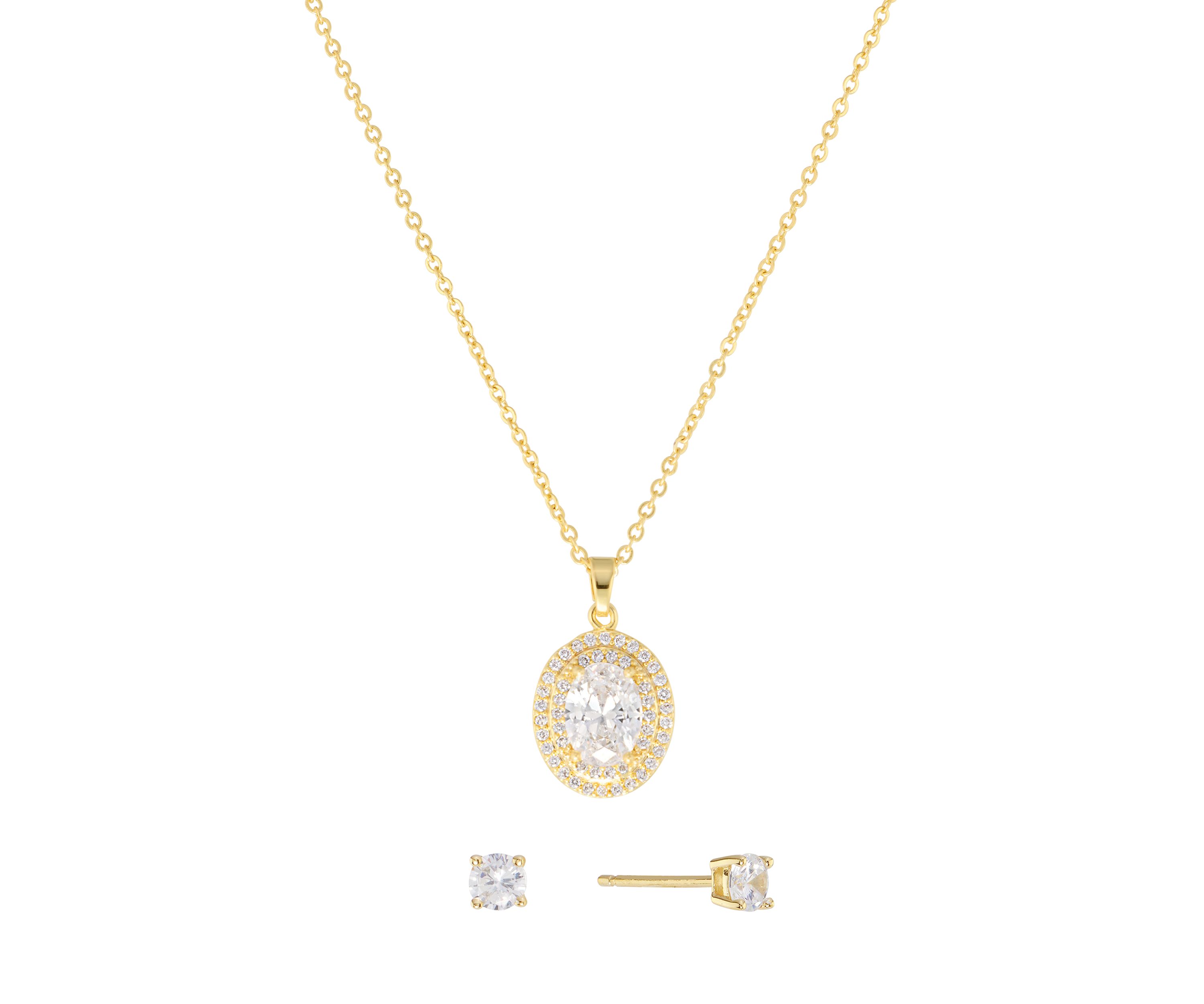 Plated Cubic Zirconia Round Halo Pendant and Cubic Zirconia Stud Earring Set
