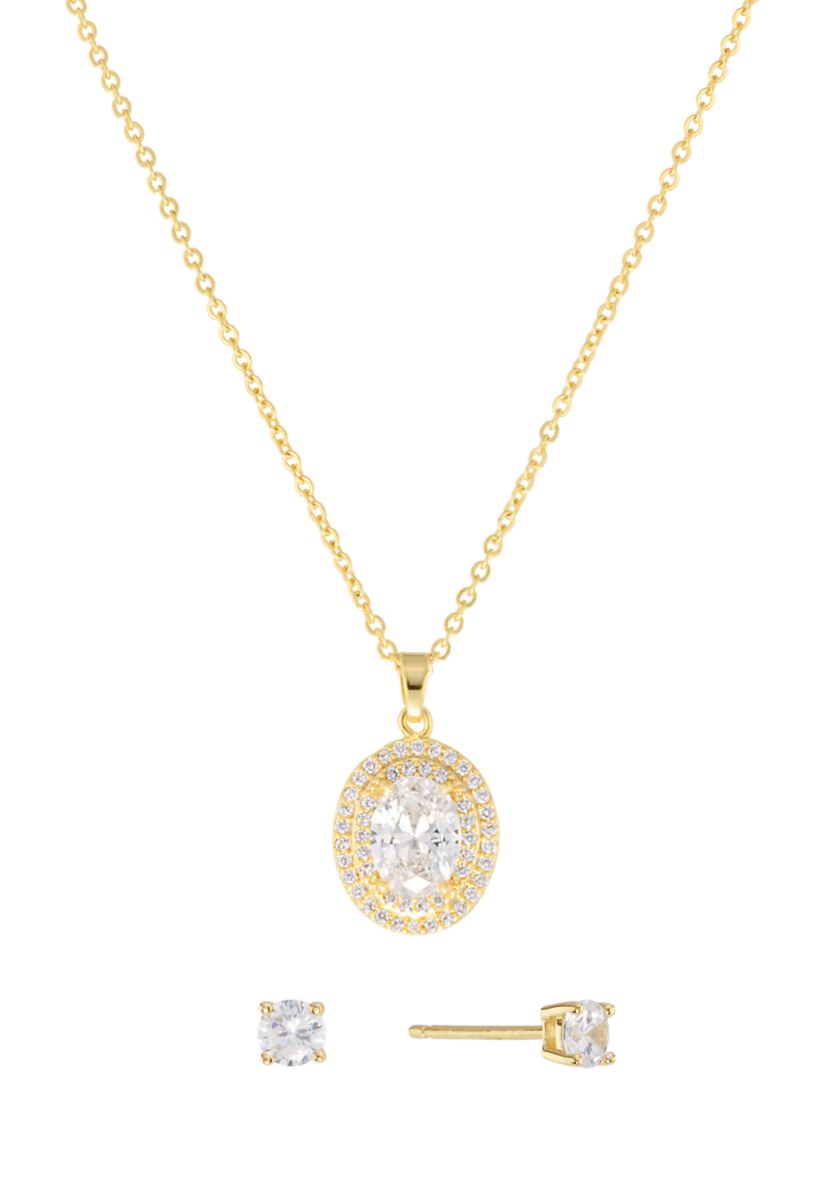 Plated Cubic Zirconia Round Halo Pendant and Cubic Zirconia Stud Earring Set