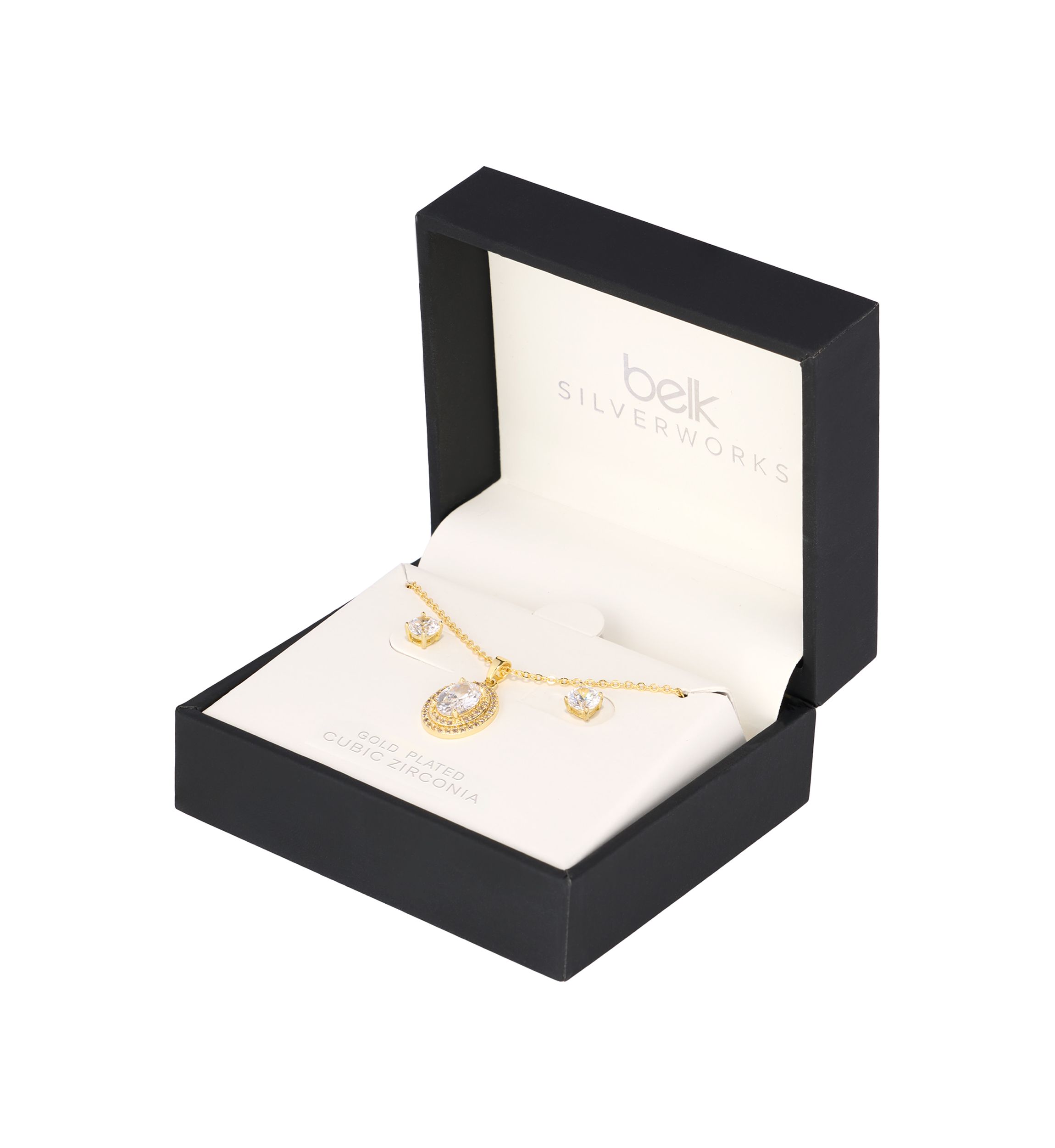 Plated Cubic Zirconia Round Halo Pendant and Cubic Zirconia Stud Earring Set