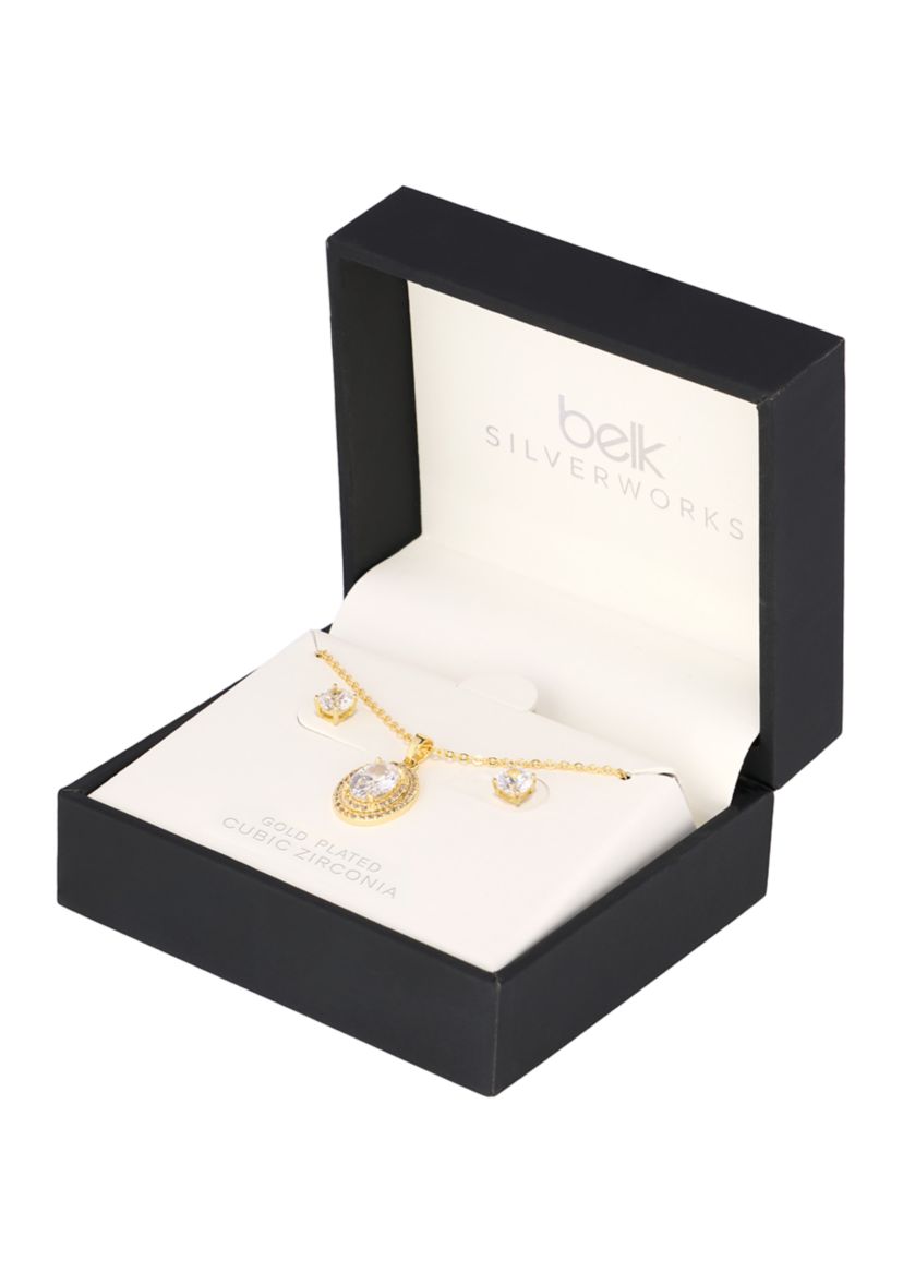 Plated Cubic Zirconia Round Halo Pendant and Cubic Zirconia Stud Earring Set