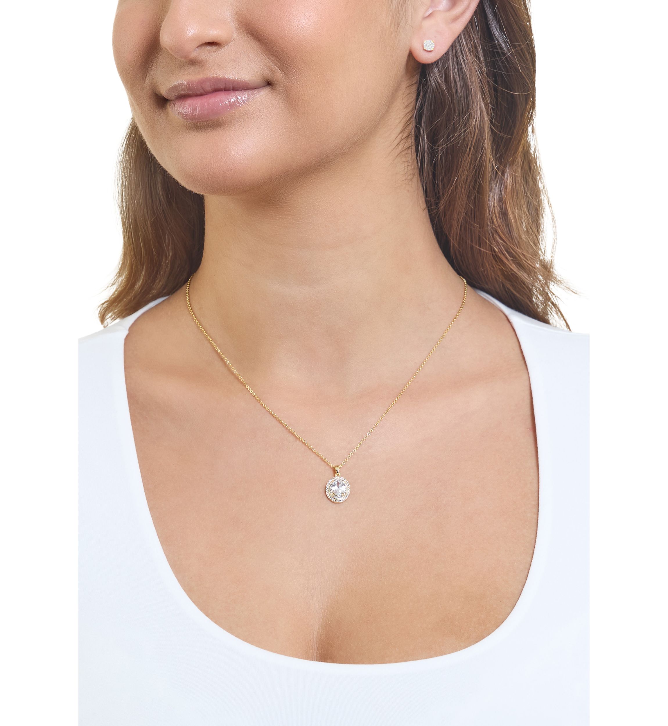 Plated Cubic Zirconia Round Halo Pendant and Cubic Zirconia Stud Earring Set