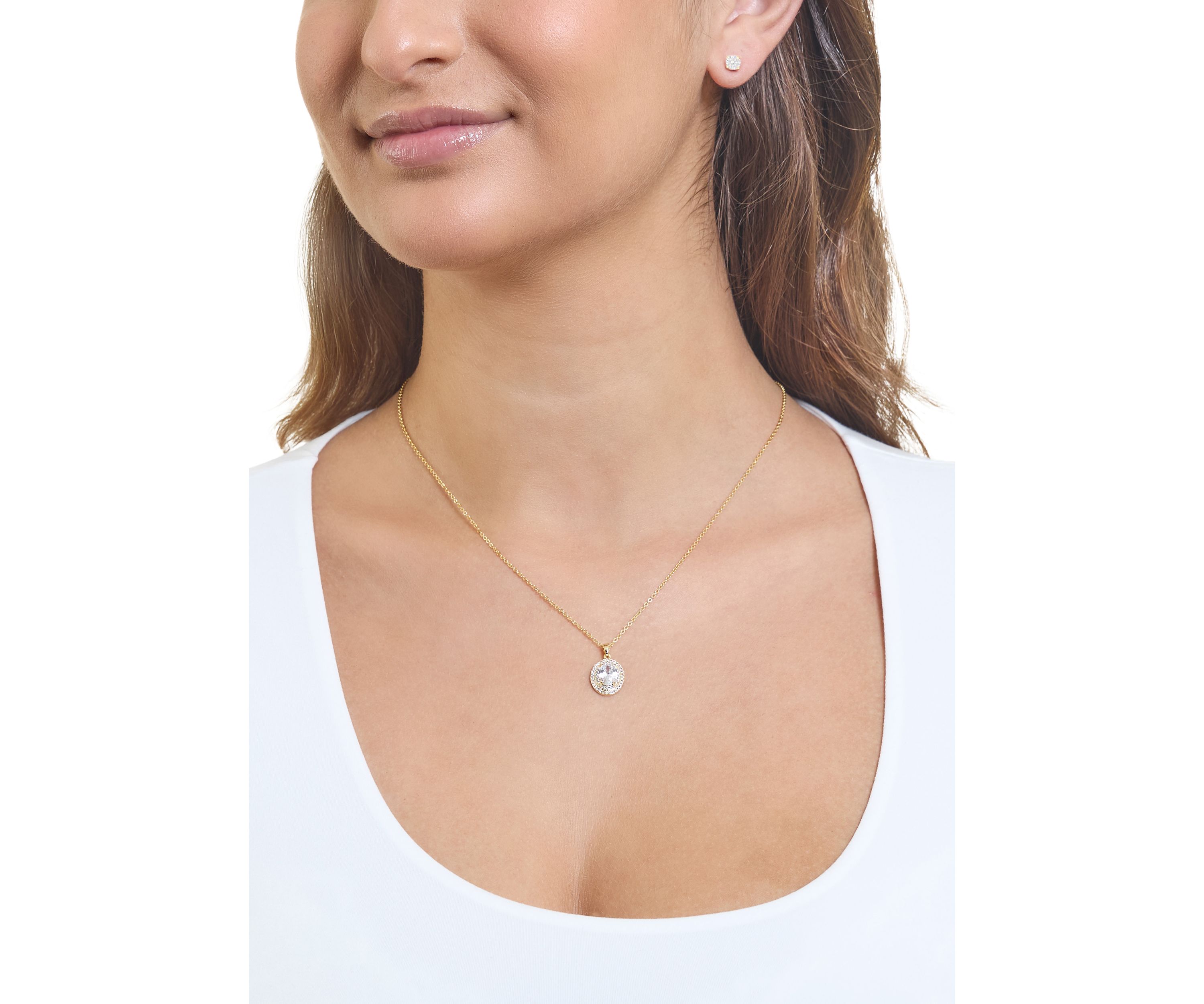 Plated Cubic Zirconia Round Halo Pendant and Cubic Zirconia Stud Earring Set