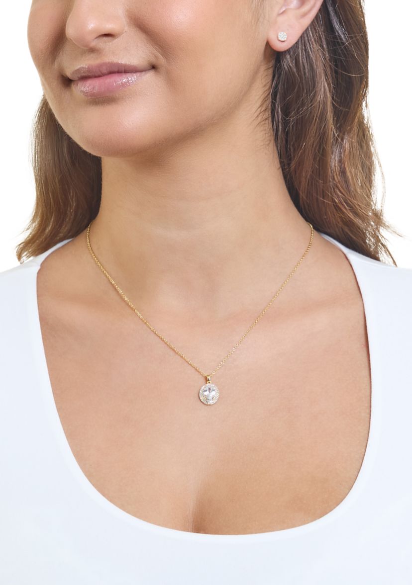 Plated Cubic Zirconia Round Halo Pendant and Cubic Zirconia Stud Earring Set