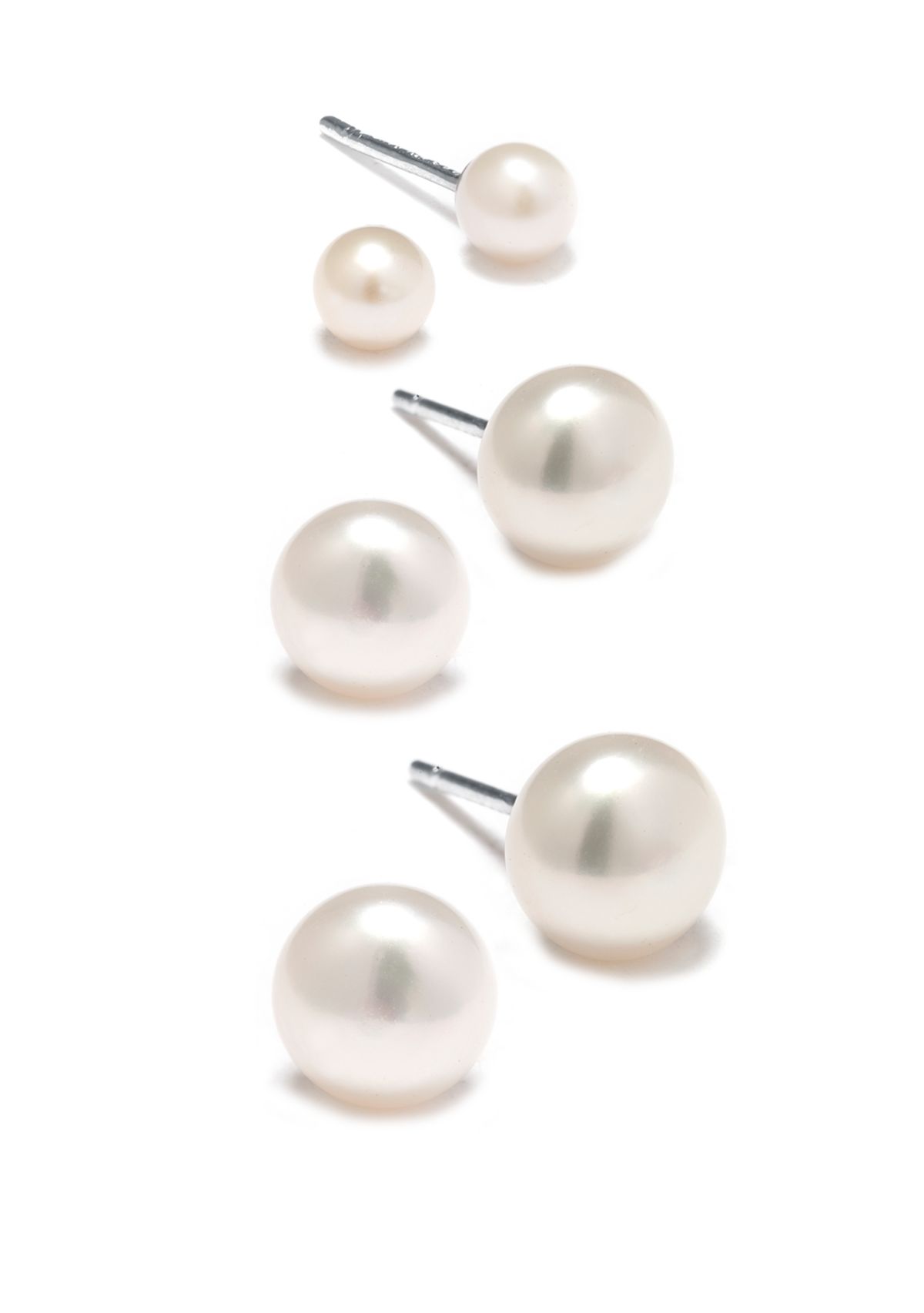 Sterling Silver 5mm, 7mm and 7.5mm Pearl Stud Earrings Trio Set
