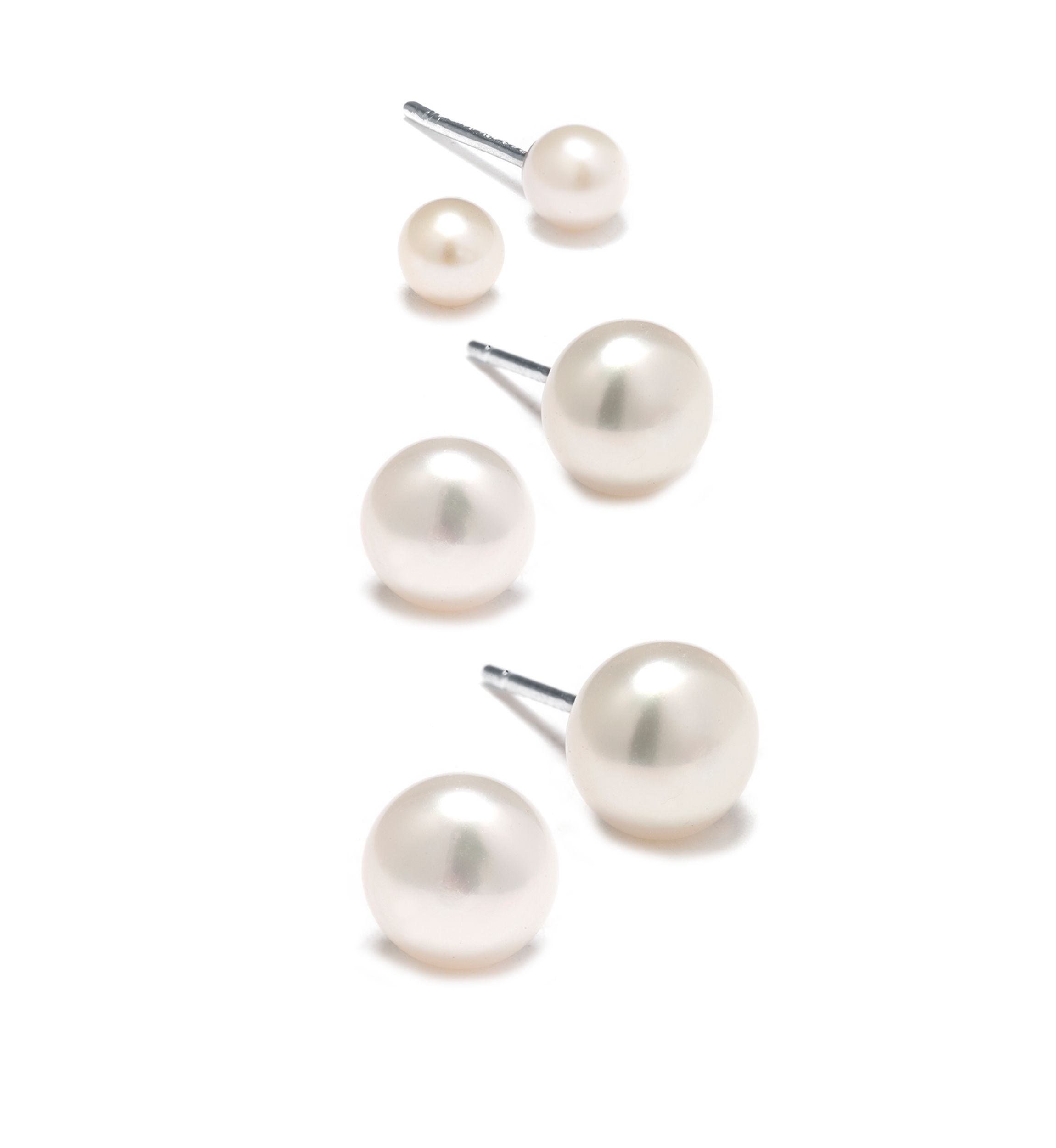 Sterling Silver 5mm, 7mm and 7.5mm Pearl Stud Earrings Trio Set