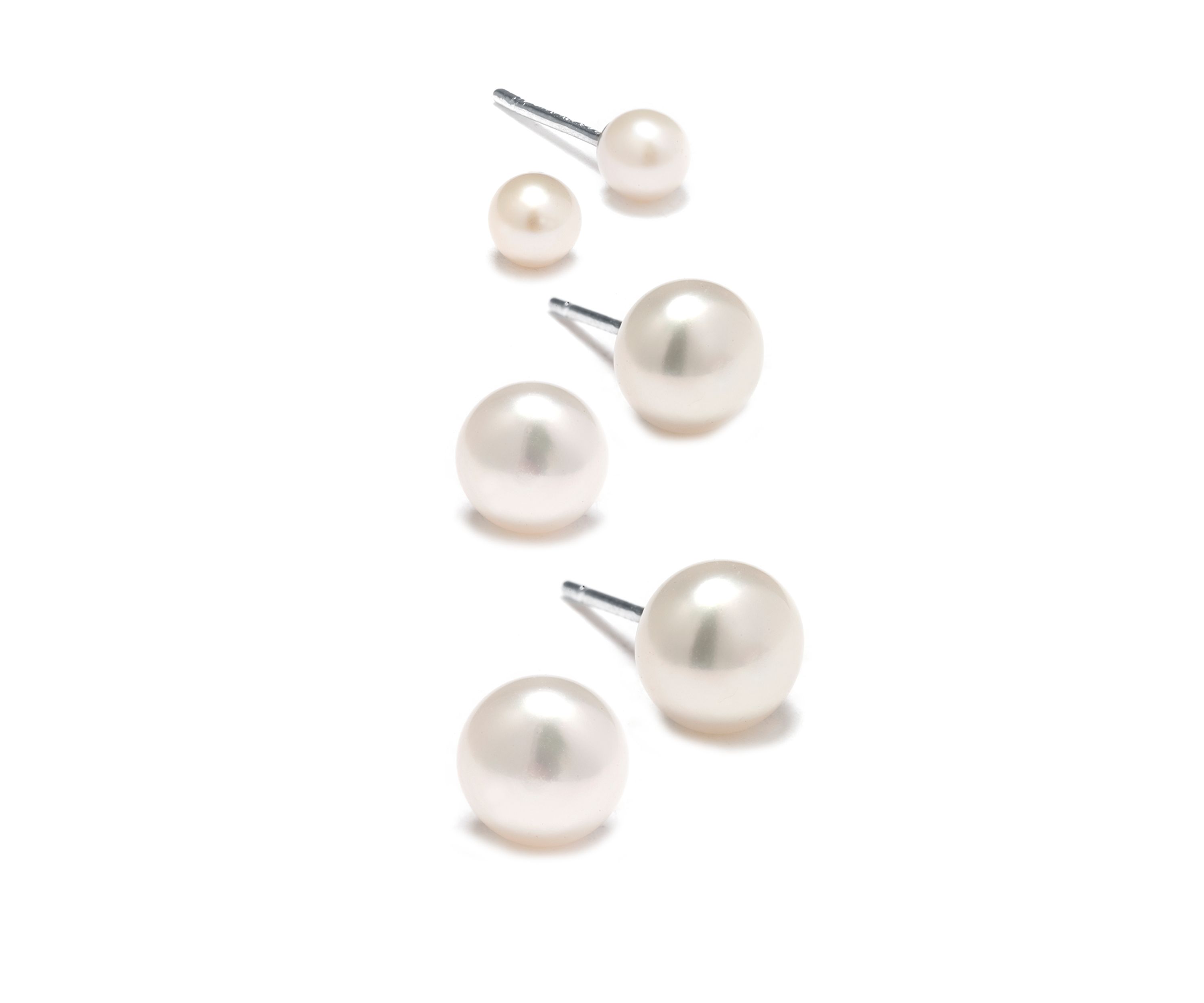 Sterling Silver 5mm, 7mm and 7.5mm Pearl Stud Earrings Trio Set