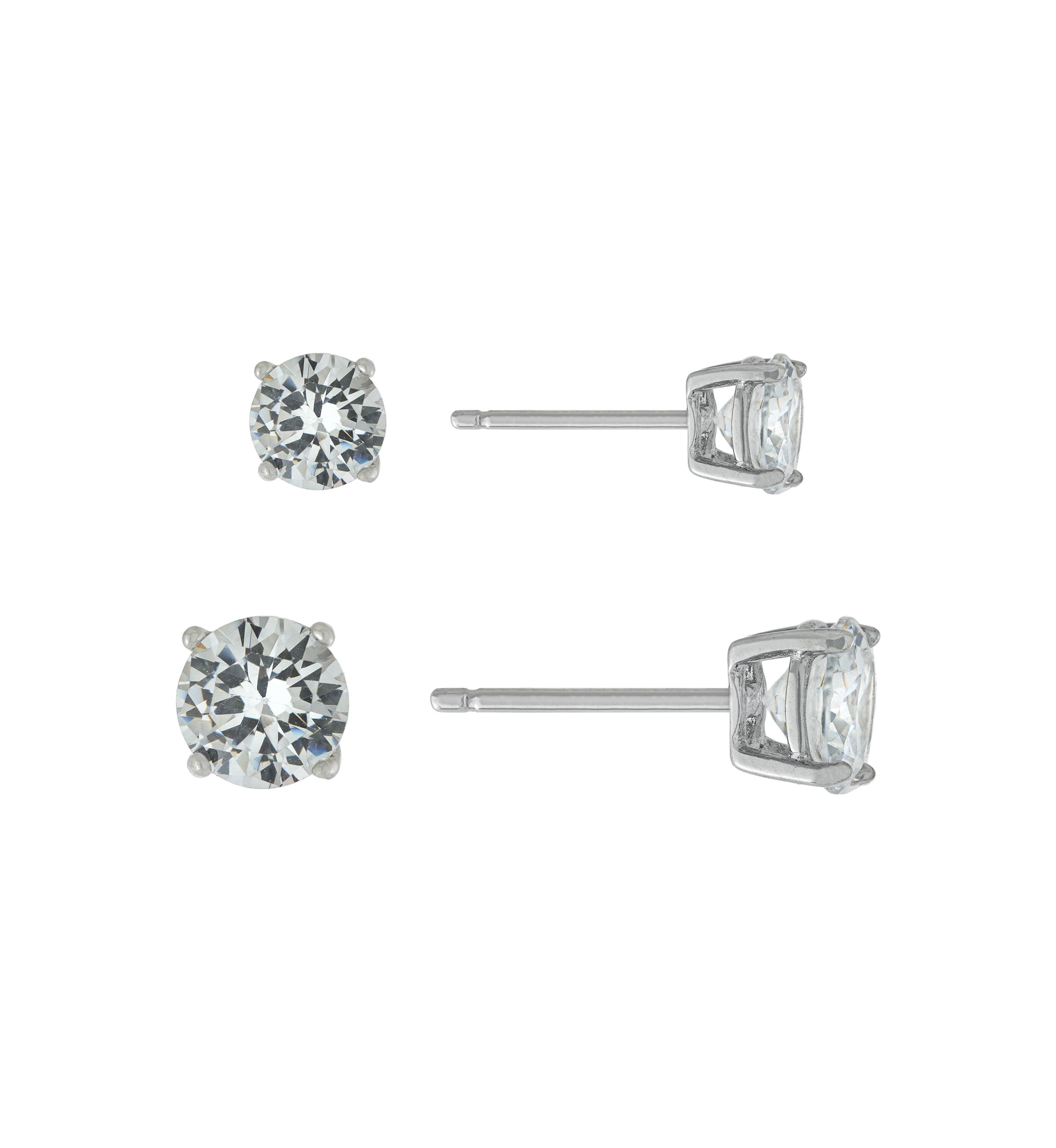 Sterling Silver Round Cubic Zirconia Duo Stud Earring Set