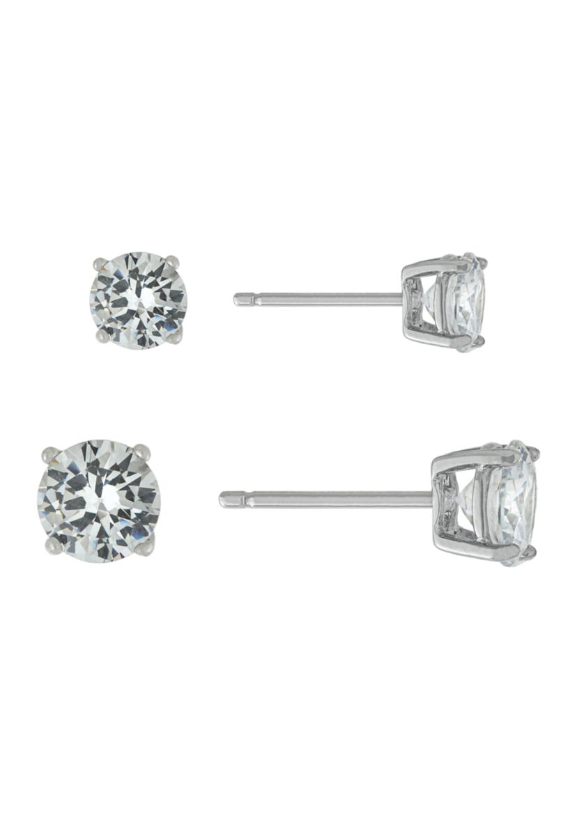 Sterling Silver Round Cubic Zirconia Duo Stud Earring Set