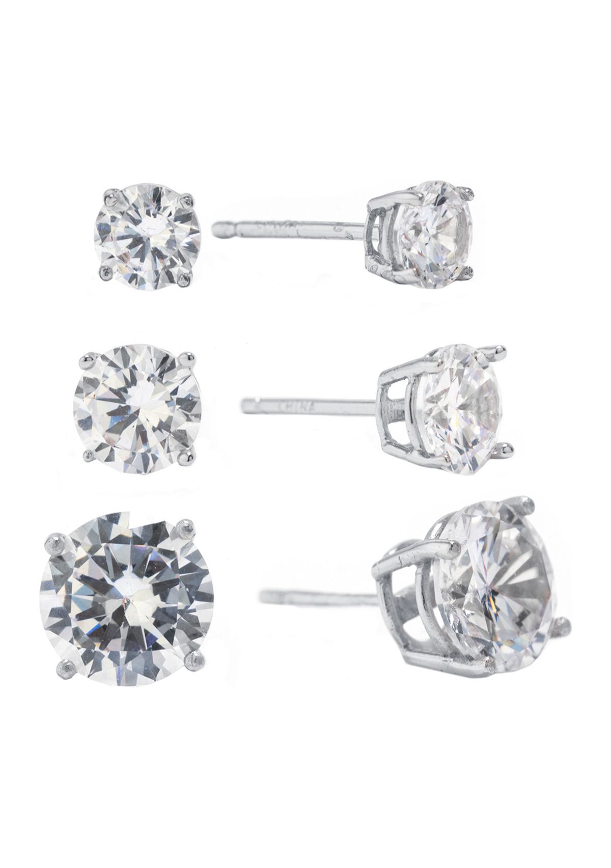 Sterling Silver Cubic Zirconia Trio Stud Earring Set