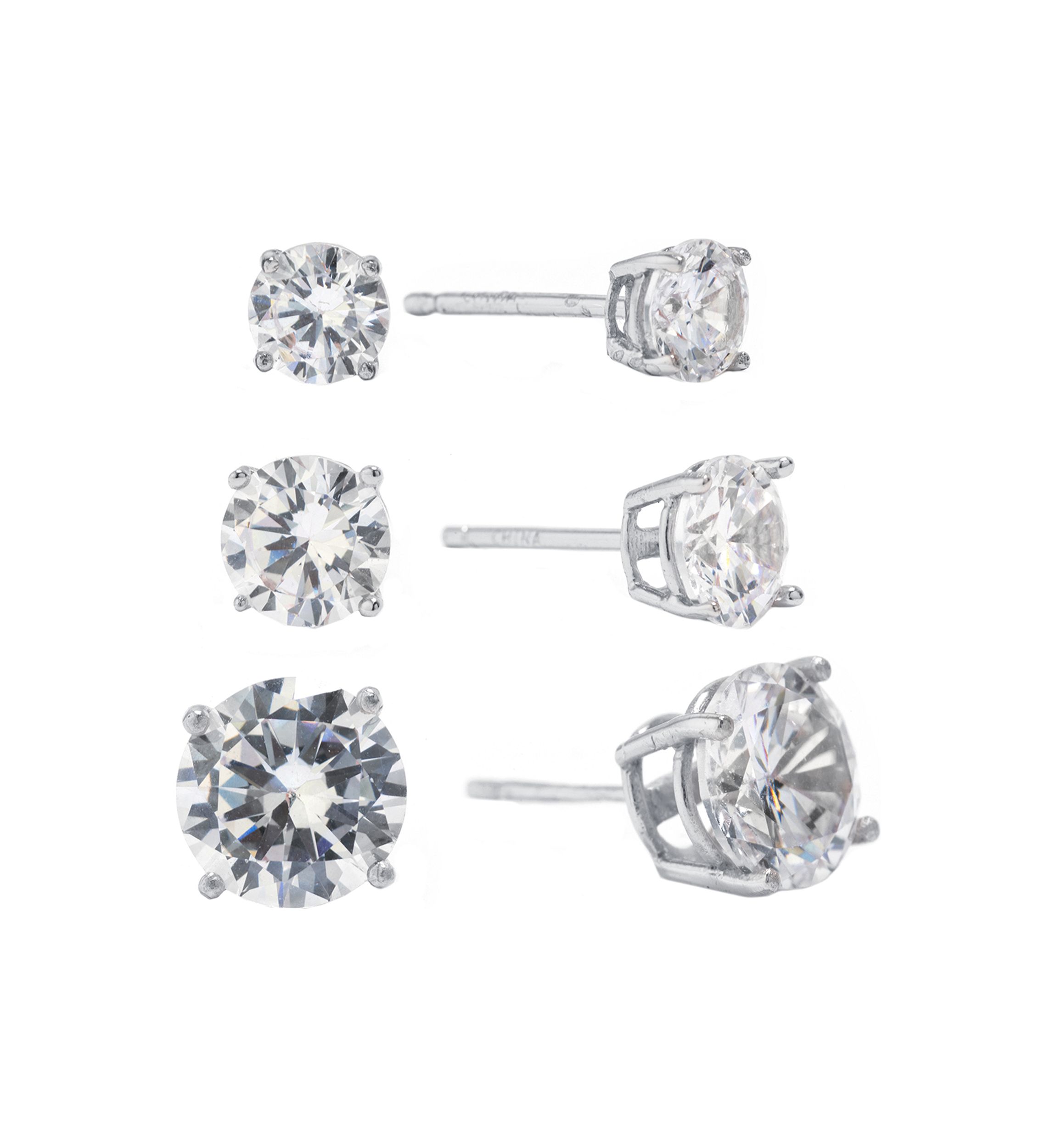 Sterling Silver Cubic Zirconia Trio Stud Earring Set