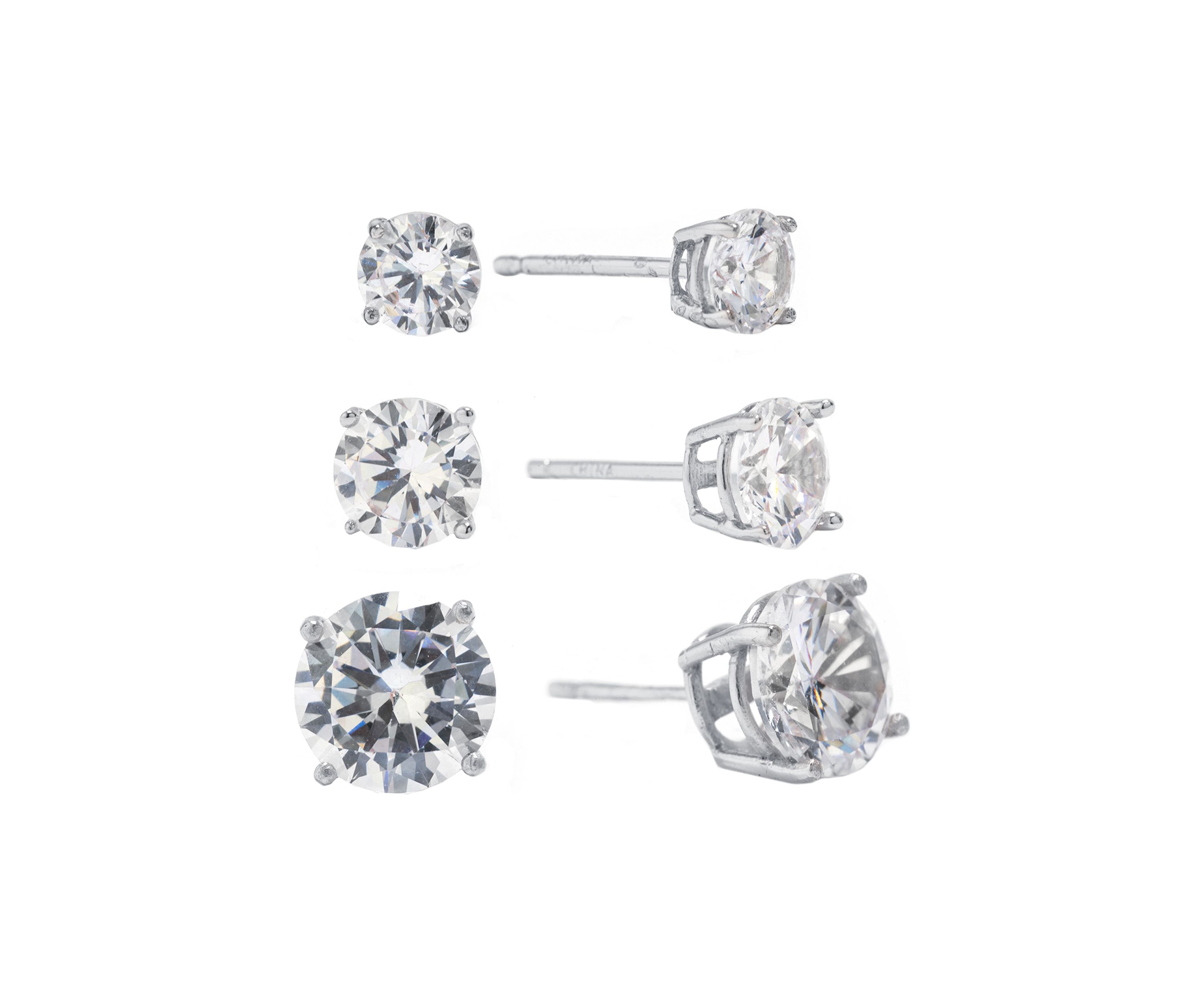 Sterling Silver Cubic Zirconia Trio Stud Earring Set