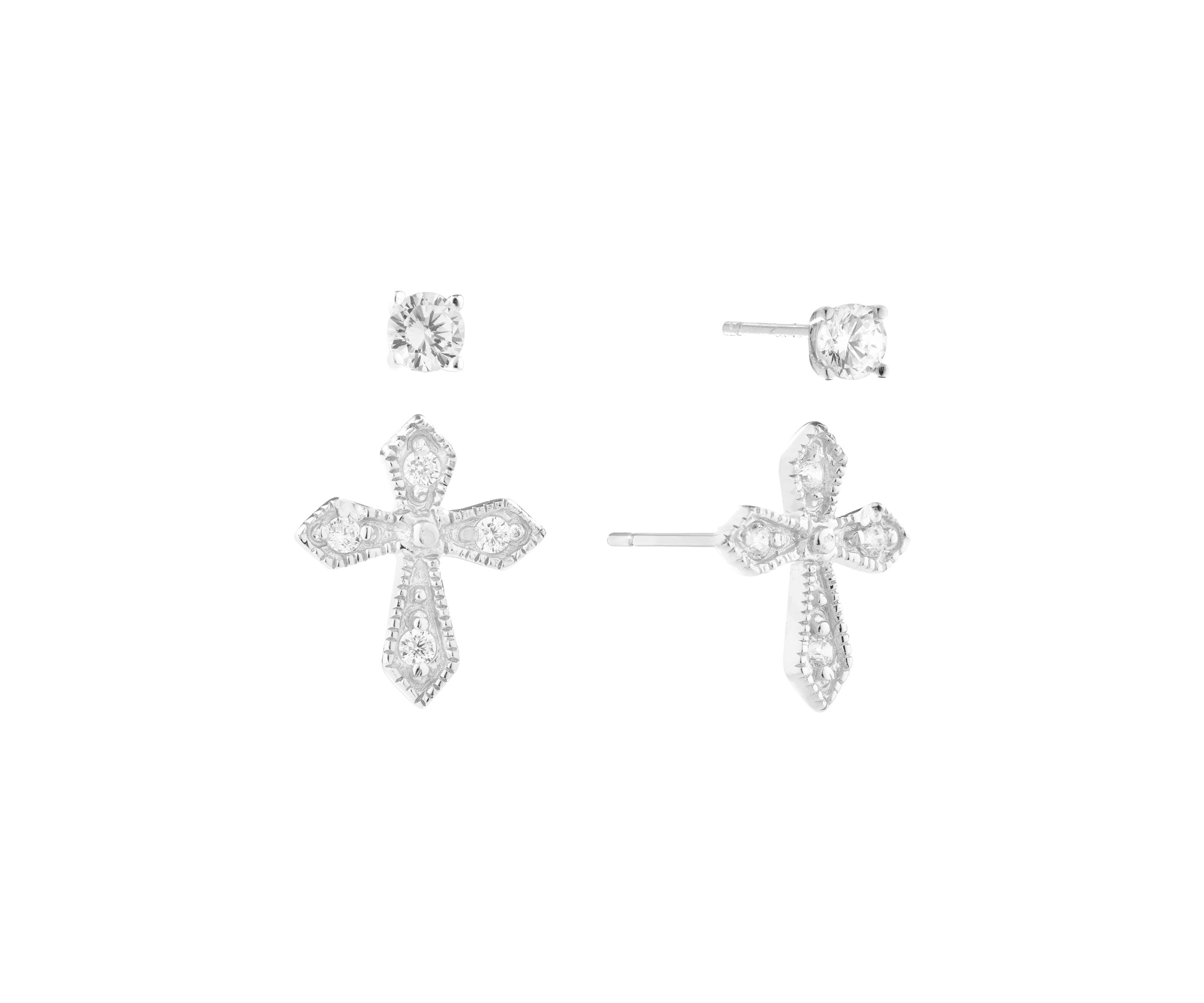 Sterling Silver Cubic Zirconia Cross and 4mm Round Stud Duo Earring Set