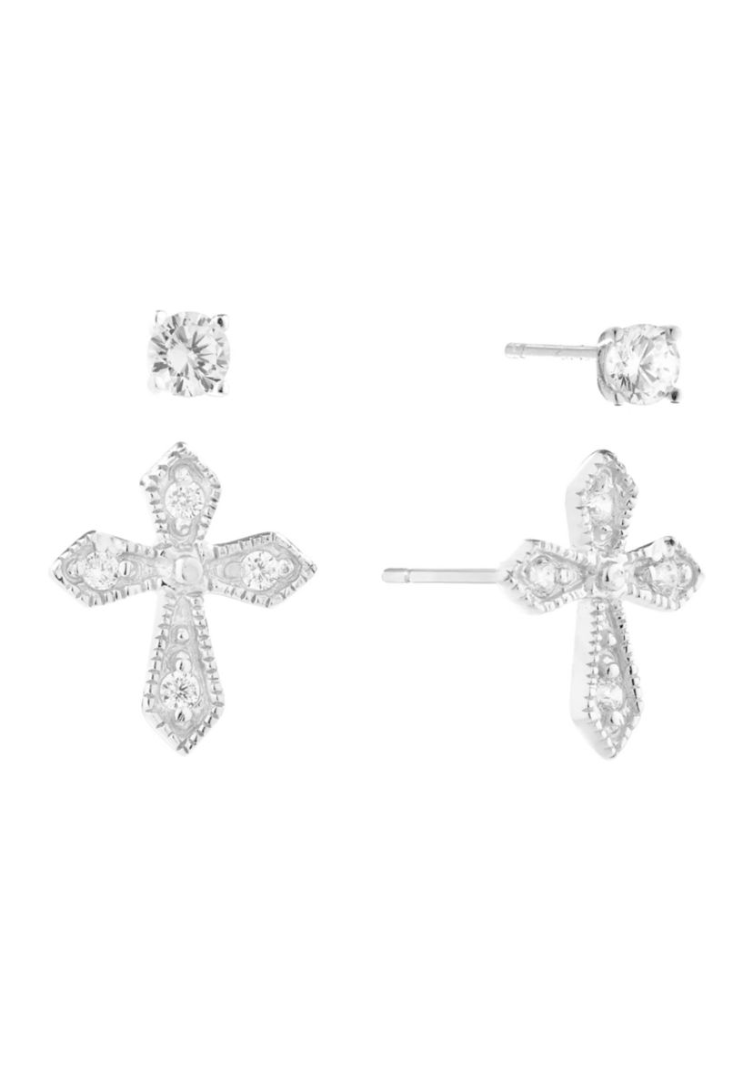 Sterling Silver Cubic Zirconia Cross and 4mm Round Stud Duo Earring Set