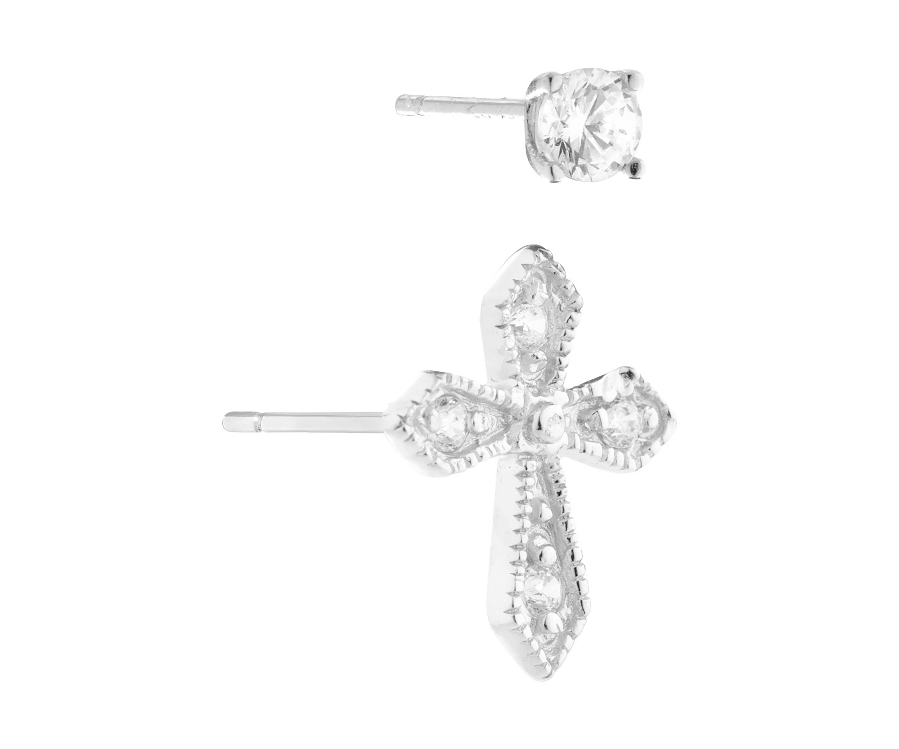 Sterling Silver Cubic Zirconia Cross and 4mm Round Stud Duo Earring Set