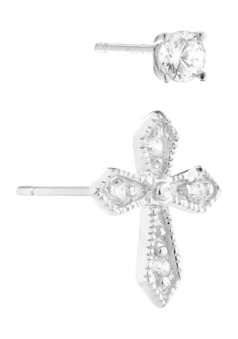 Sterling Silver Cubic Zirconia Cross and 4mm Round Stud Duo Earring Set