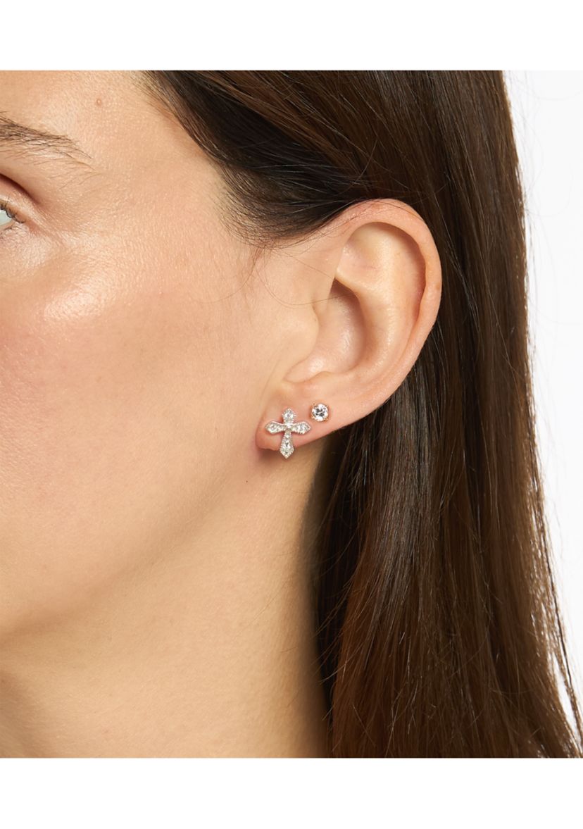 Sterling Silver Cubic Zirconia Cross and 4mm Round Stud Duo Earring Set