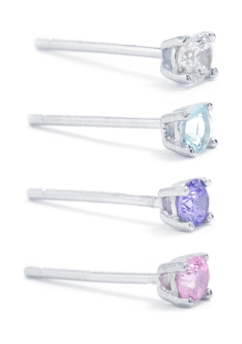 Sterling Silver Round 4 Color Cubic Zirconia Stud Quad Set