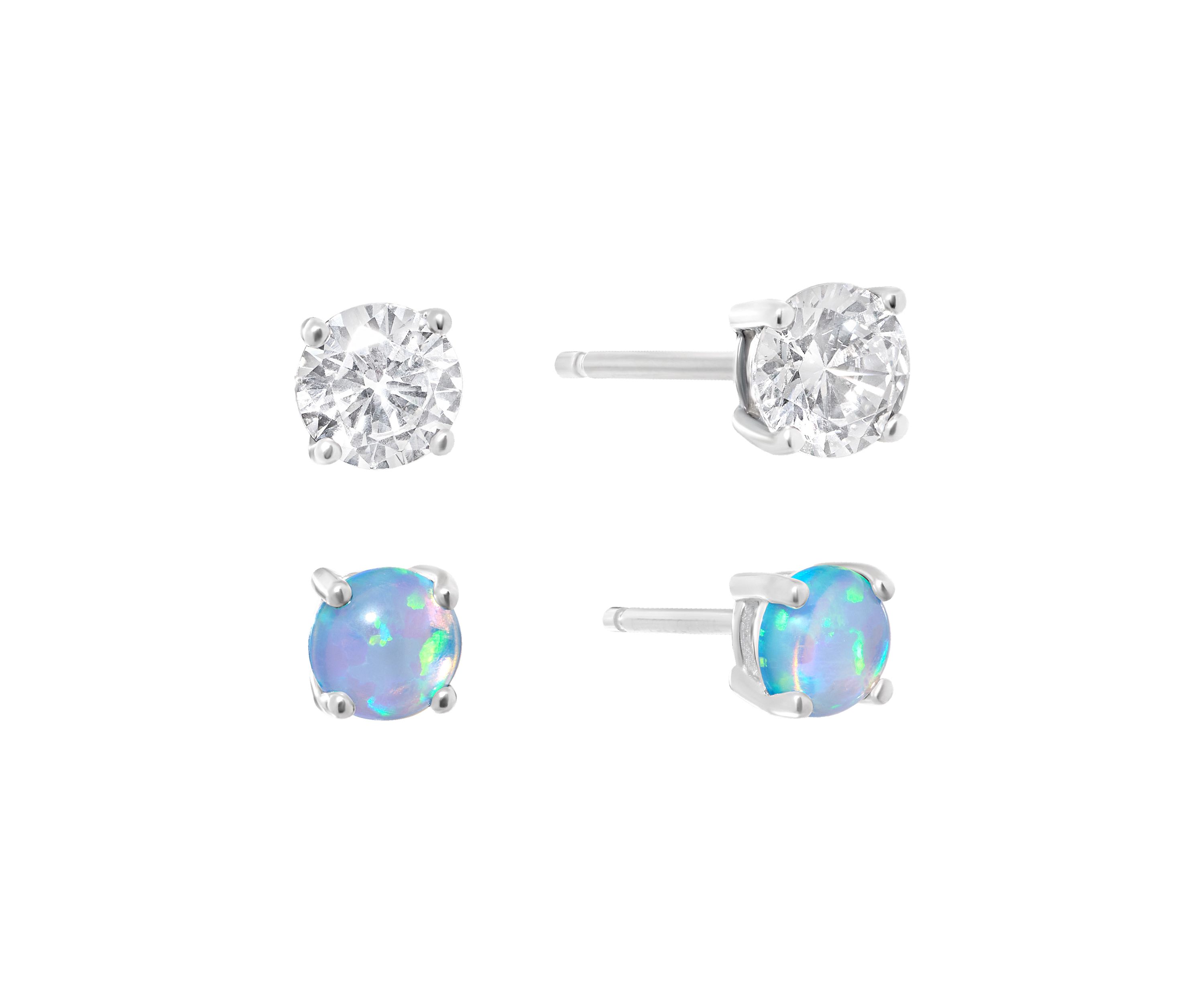 Sterling Silver Round Cubic Zirconia and 5 Millimeter Simulated Blue Opal Stud Earring Set