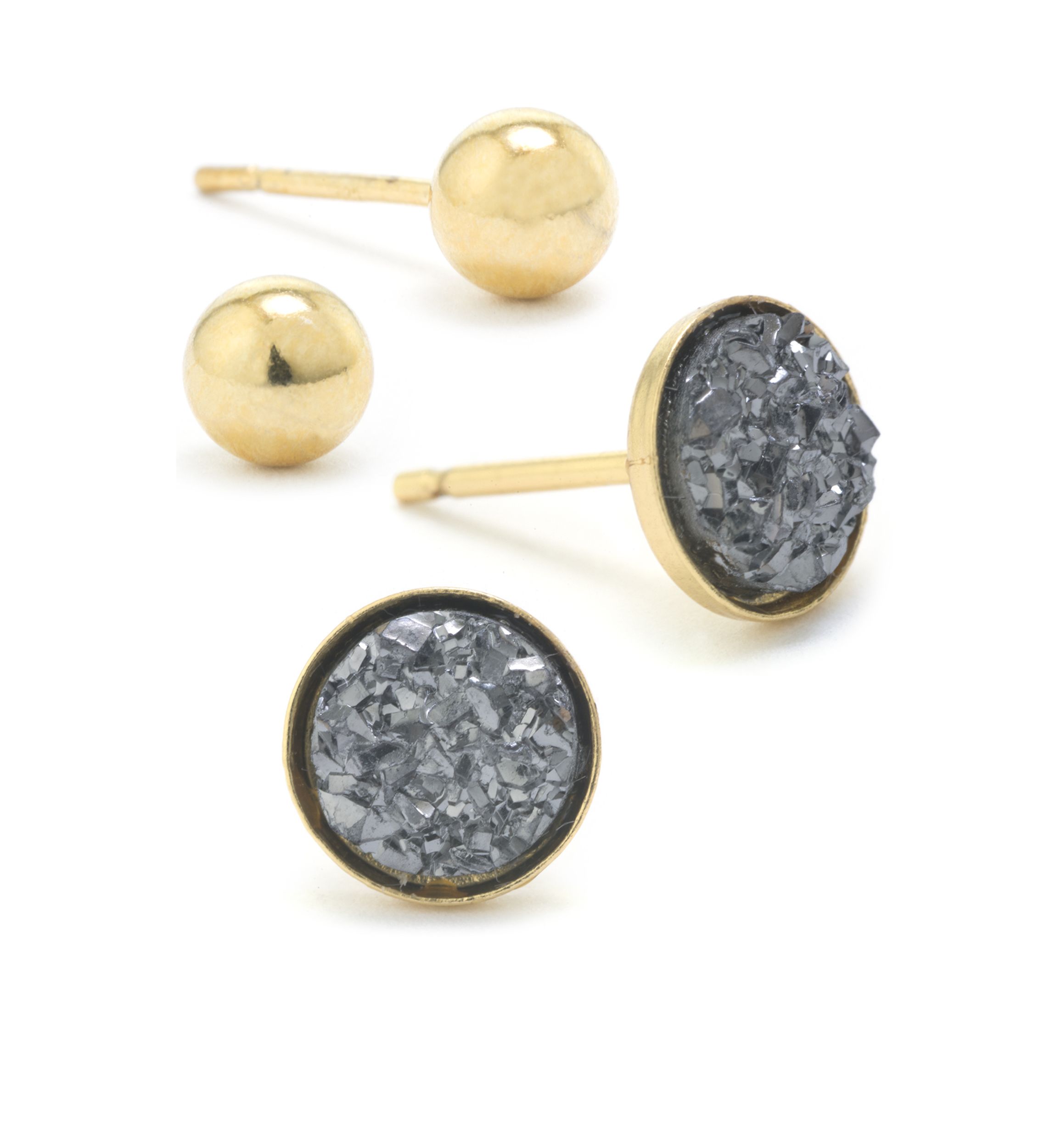 Gold Over Sterling Silver Ball and Druzy Stud Earring Set