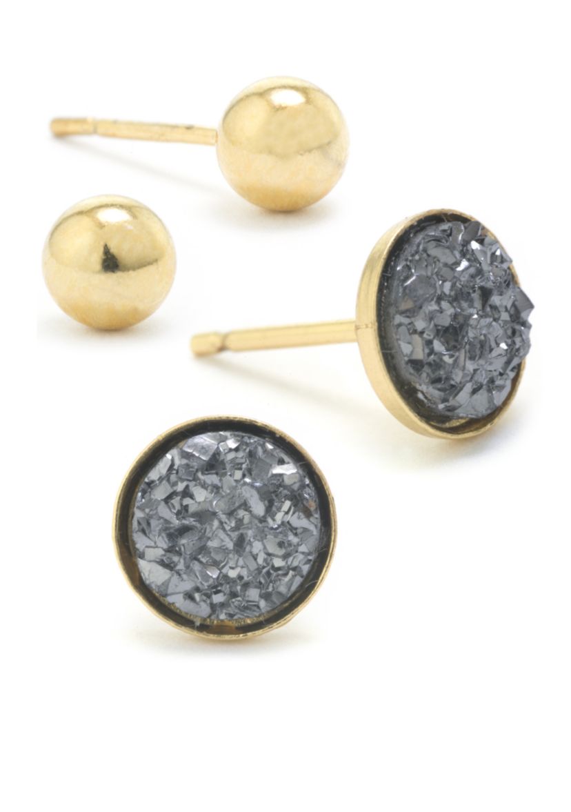 Gold Over Sterling Silver Ball and Druzy Stud Earring Set