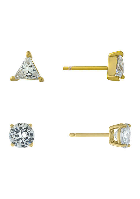 Gold Over Sterling Silver 5 Millimeter Cubic Zirconia Round and Triangle Duo Stud Earring Set