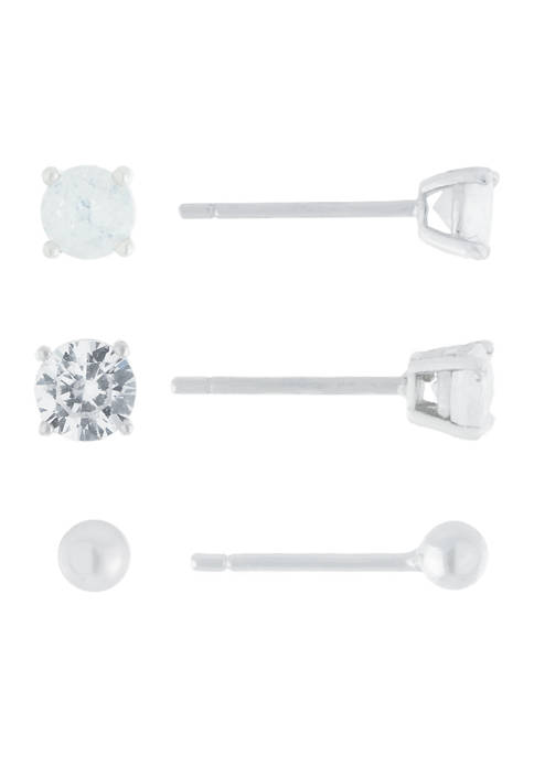 Sterling Silver 3 Millimeter Ball and 4 Millimeter Cubic Zirconia Trio Stud Set