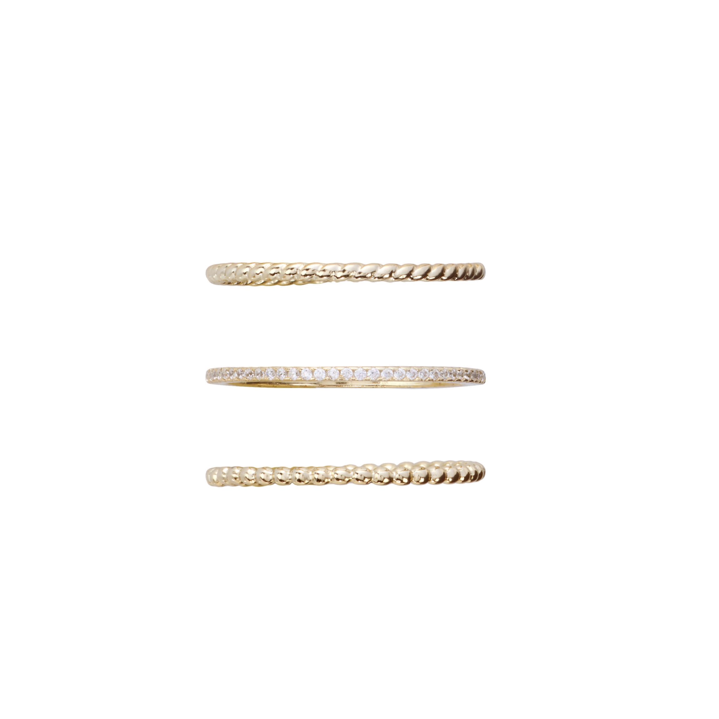 Gold Plated 3pc Twist, Beaded, and CZ Band Ring Set