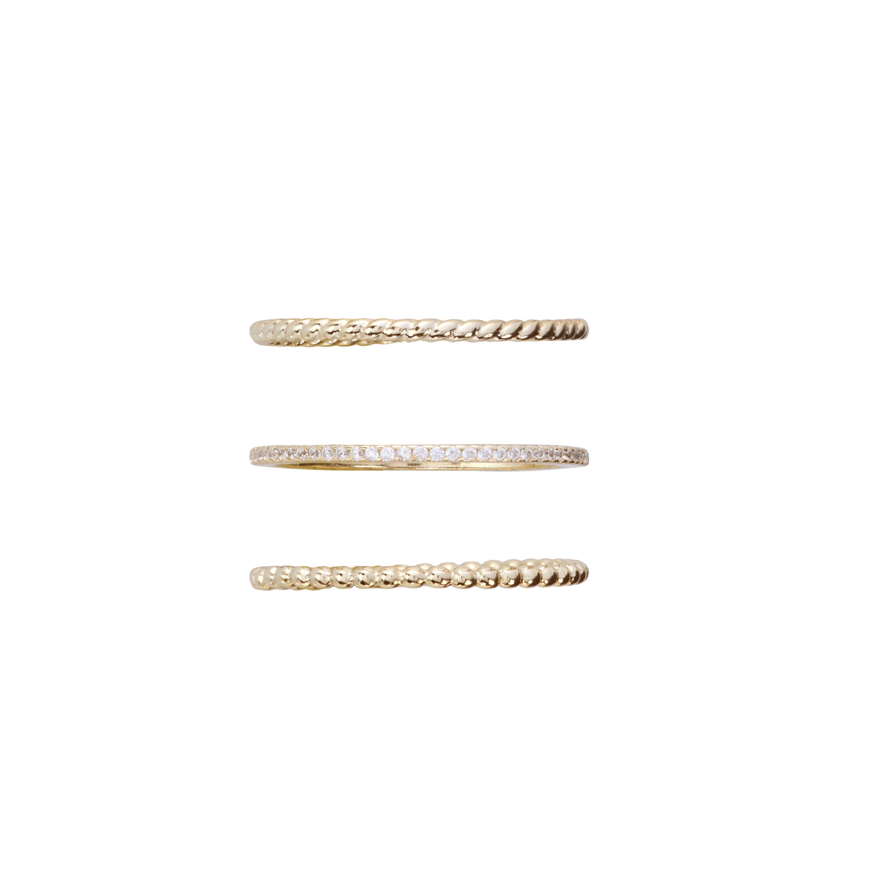 Gold Plated 3pc Twist, Beaded, and CZ Band Ring Set