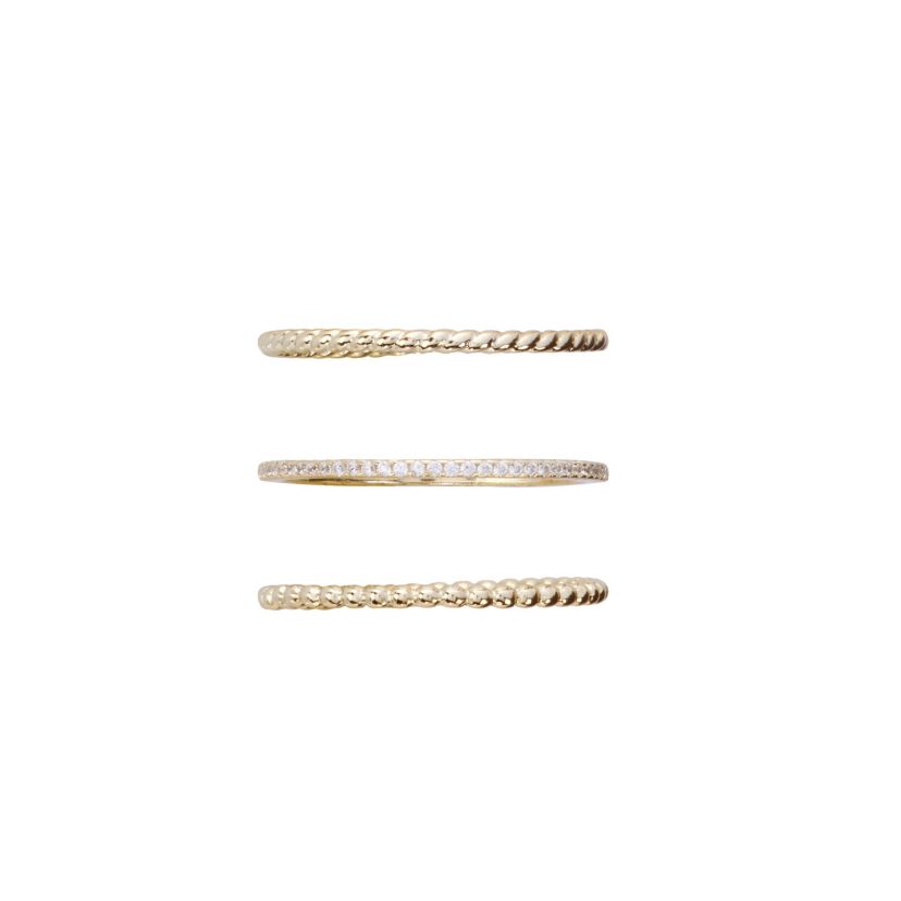 Gold Plated 3pc Twist, Beaded, and CZ Band Ring Set