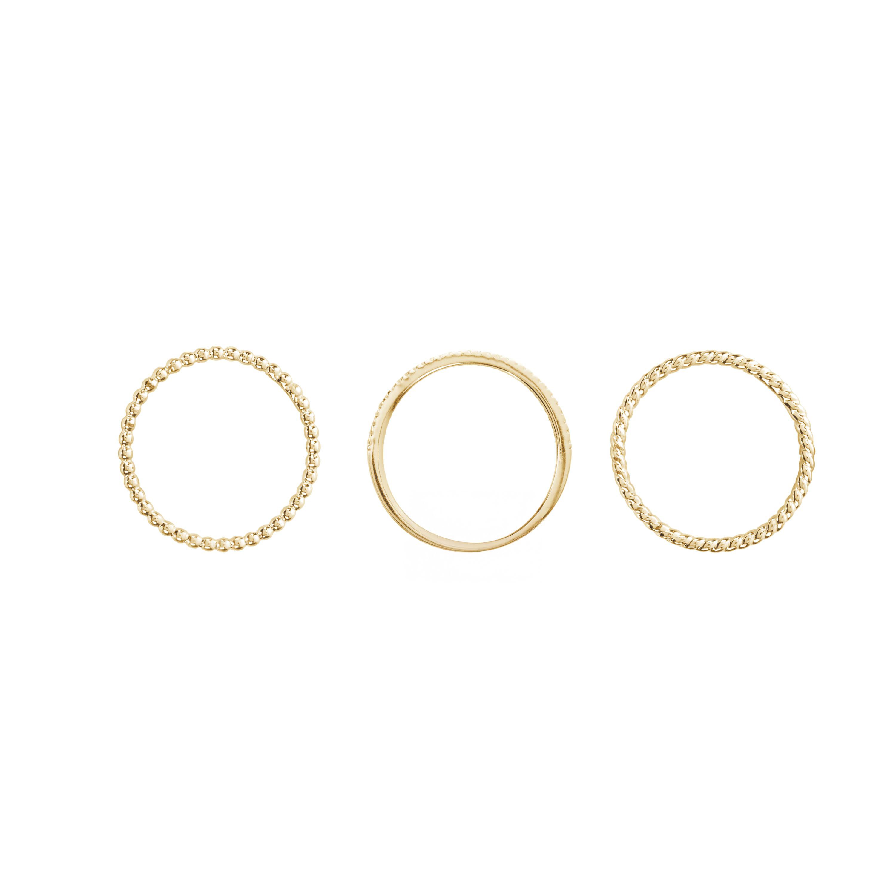 Gold Plated 3pc Twist, Beaded, and CZ Band Ring Set