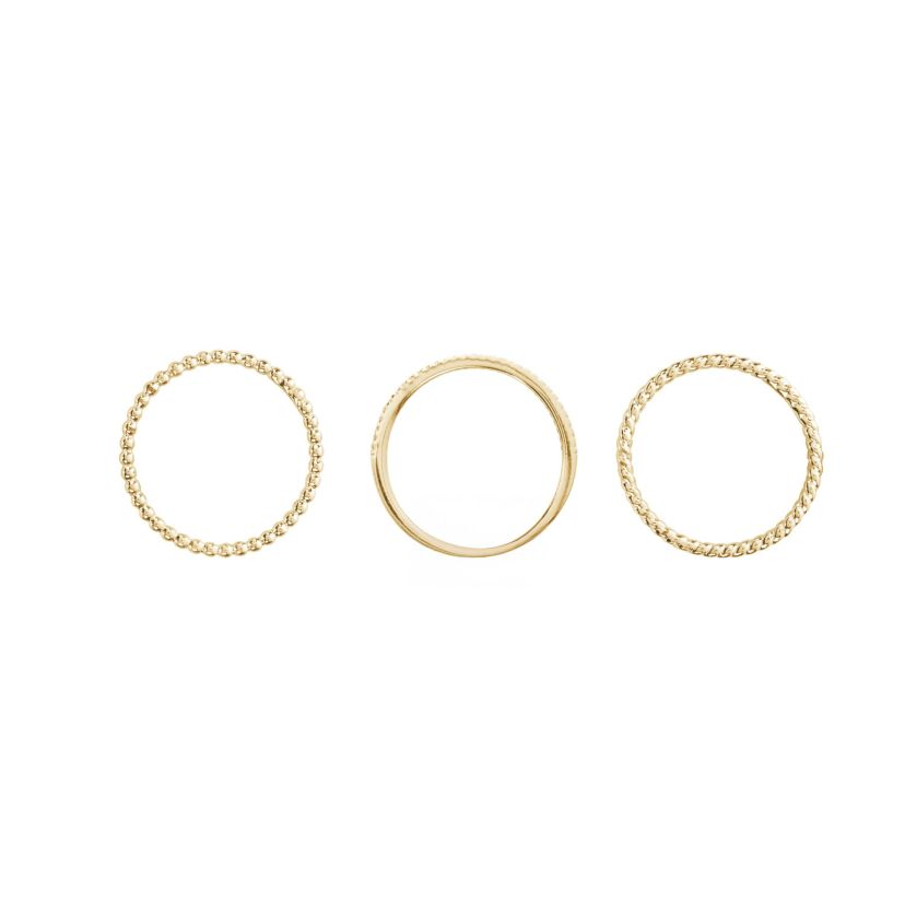 Gold Plated 3pc Twist, Beaded, and CZ Band Ring Set