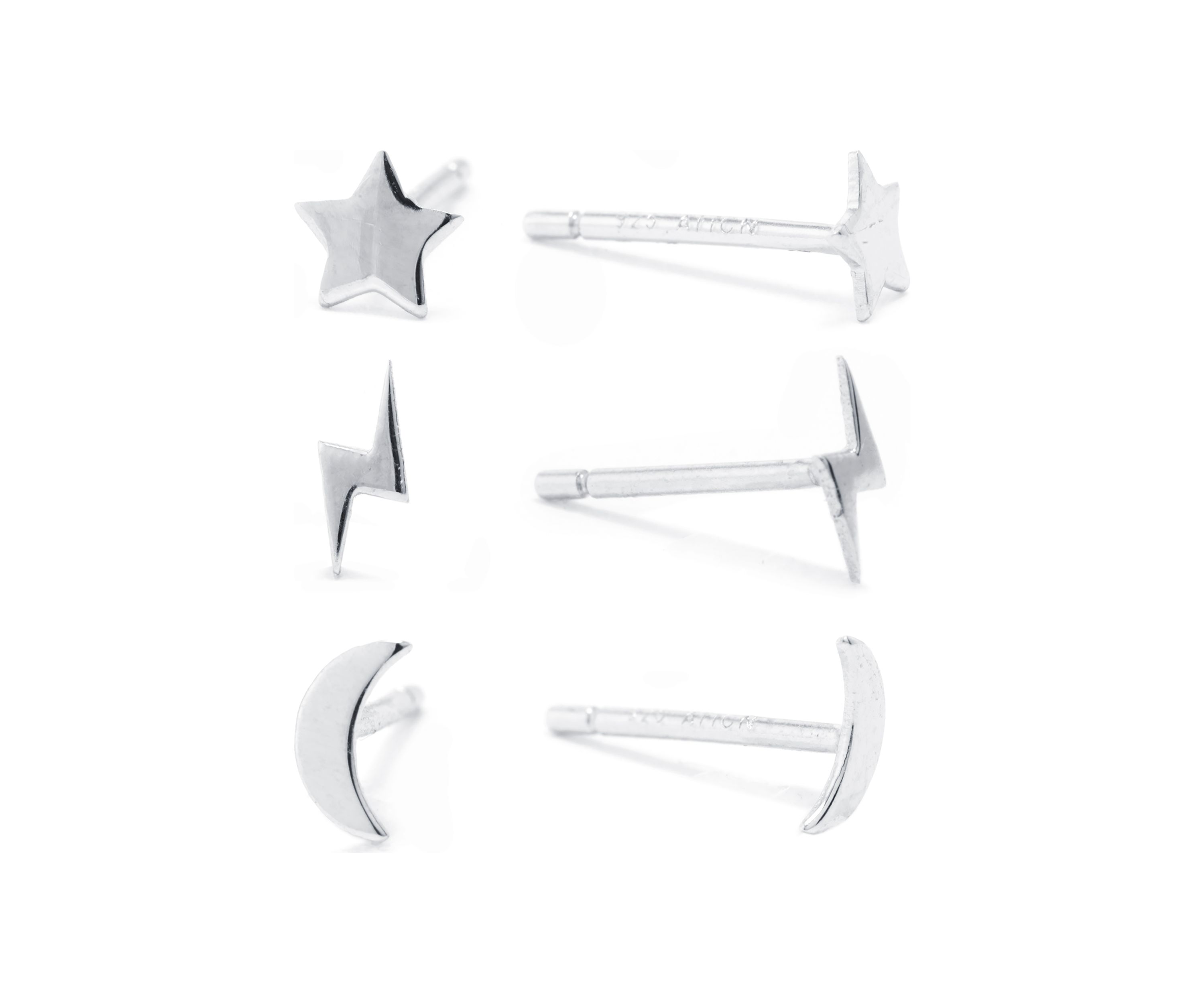 Sterling Silver Star, Moon and Lightening Bolt Stud Trio