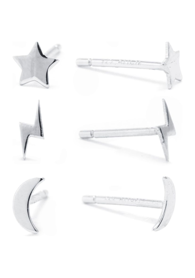 Sterling Silver Star, Moon and Lightening Bolt Stud Trio