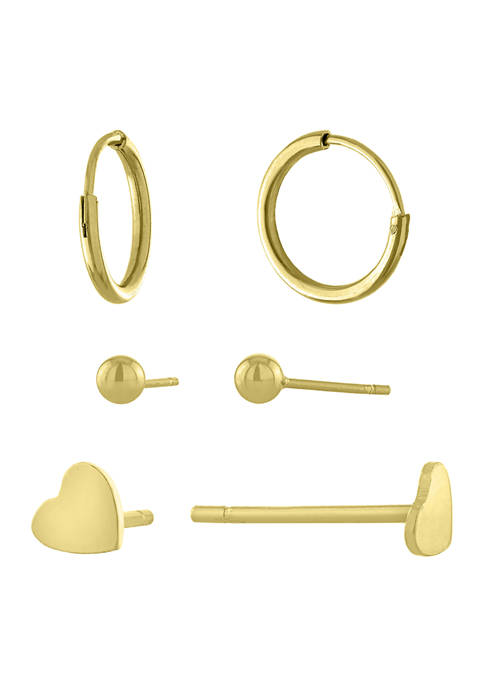 Gold Over Sterling Silver Ball and Heart Studs and 9 Millimeter Endless Hoop Earring Set